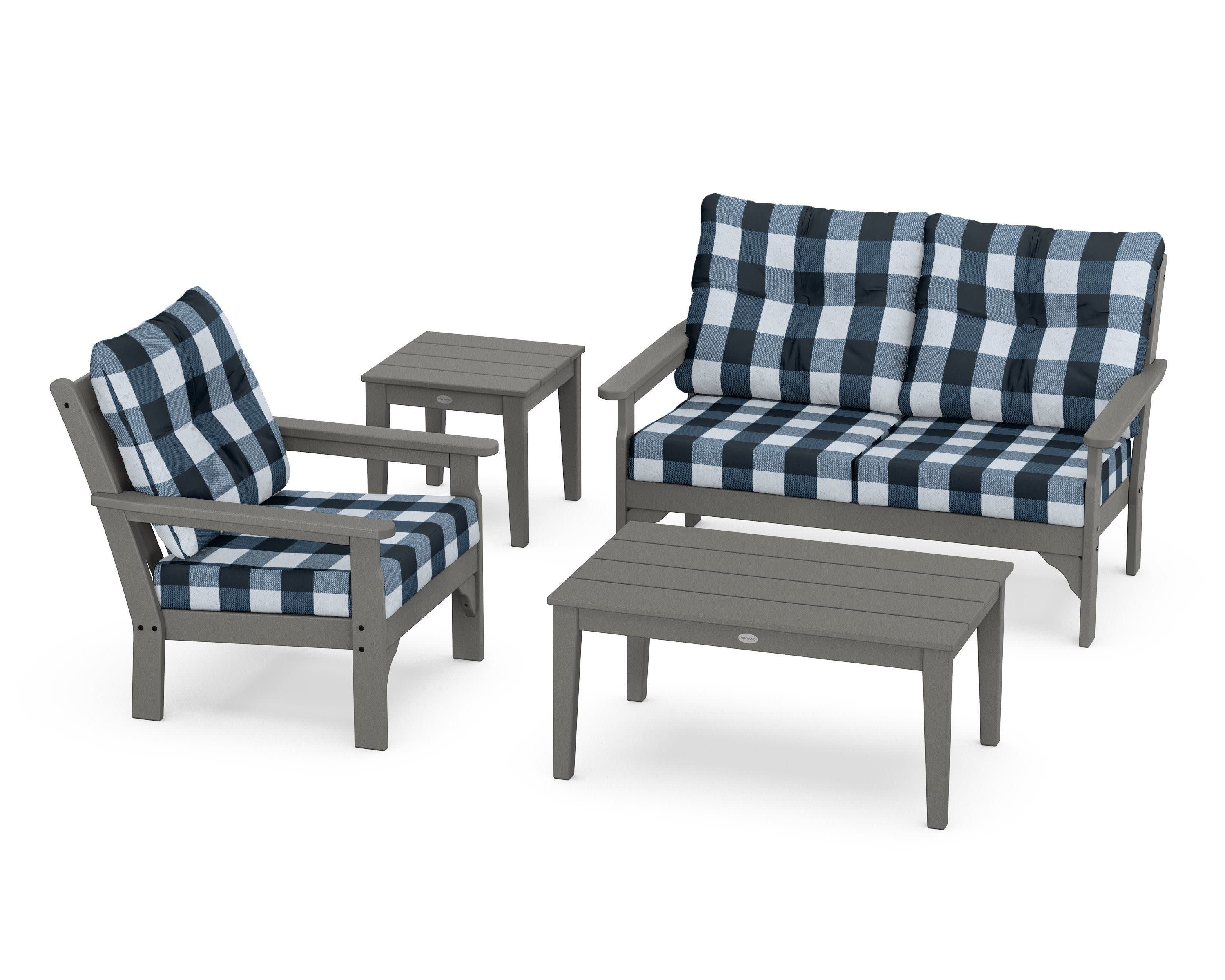 Vineyard 4-Piece Deep Seating Set in Slate Grey / Buffalo Plaid Marine Indigo