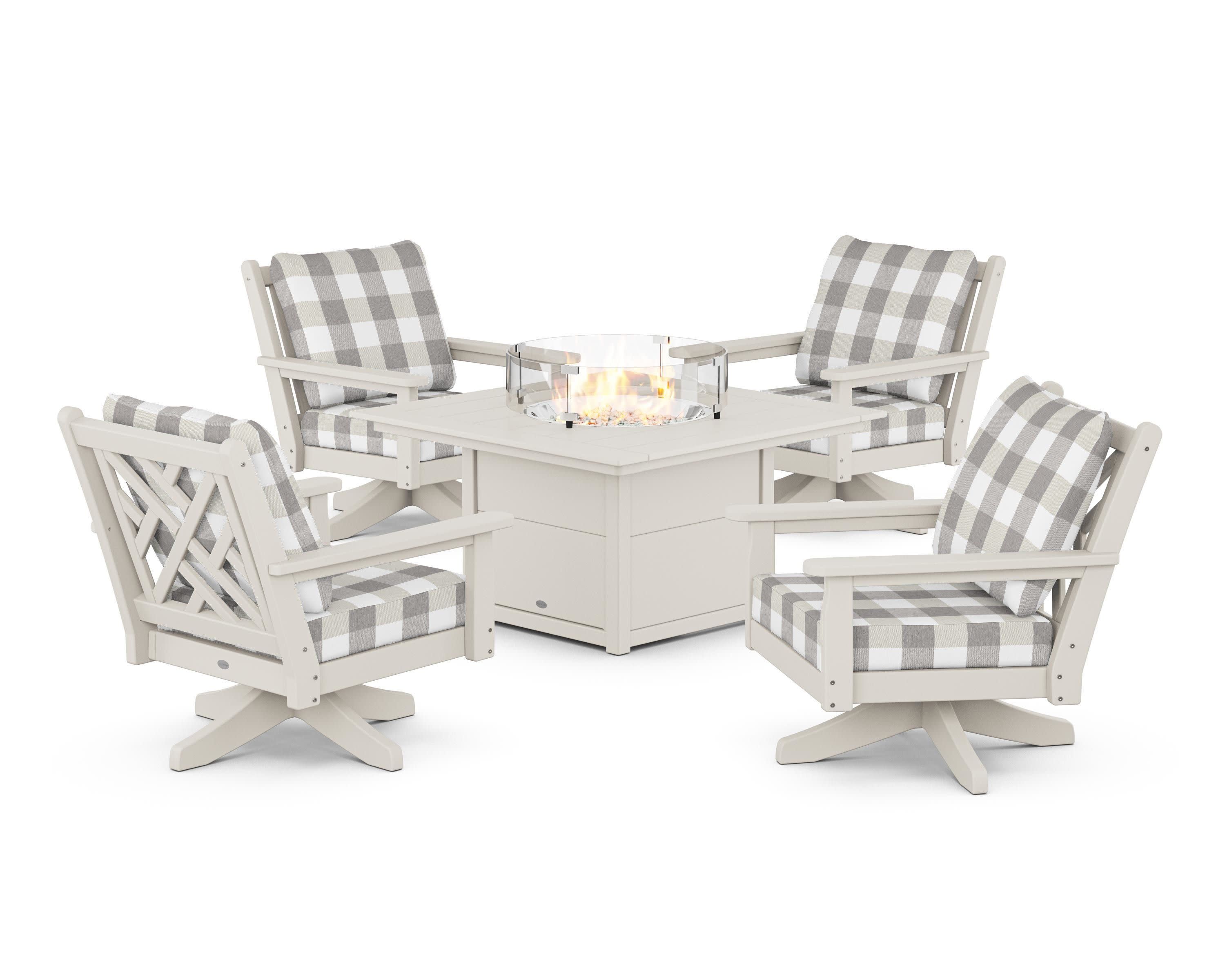 Chippendale 5-Piece Deep Seating Swivel Conversation Set with Fire Pit Table in Sand / Buffalo Plaid Grey Mist