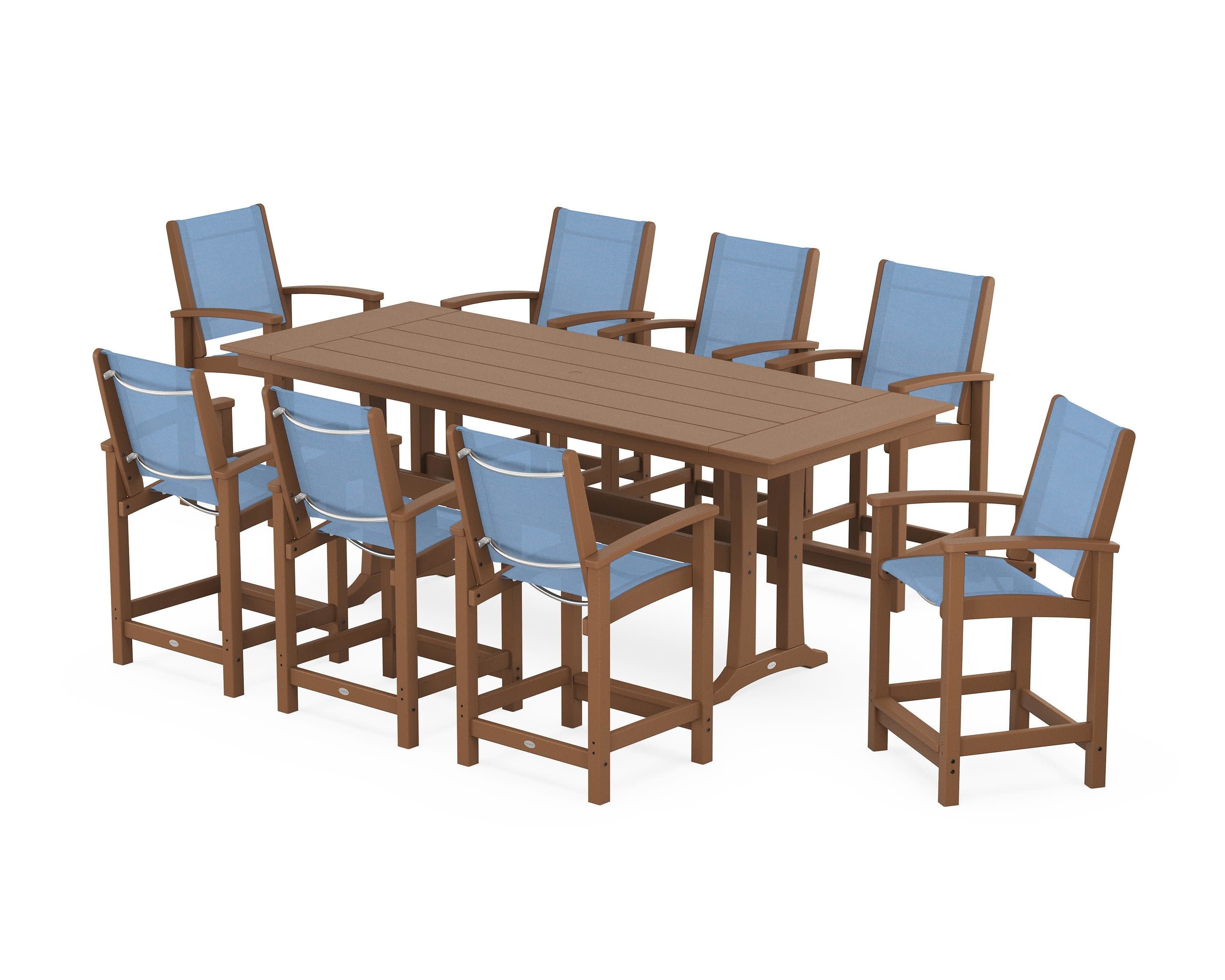 Coastal 9-Piece Farmhouse Counter Set with Trestle Legs in Teak / Poolside Sling