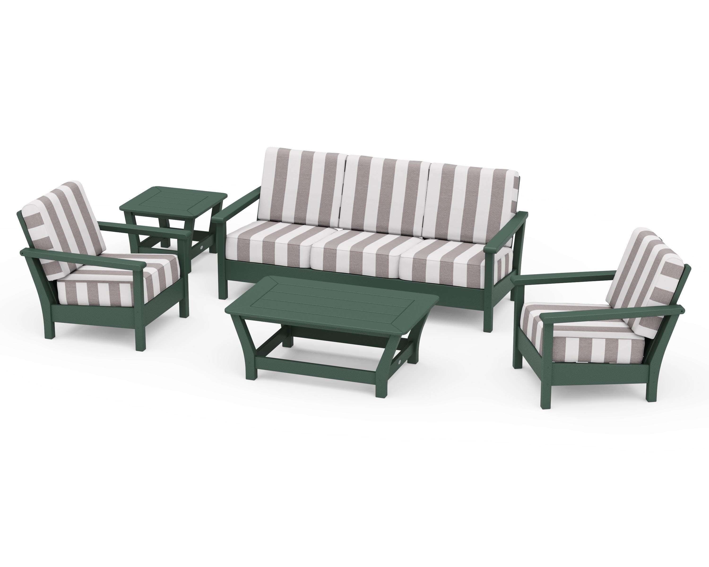 Harbour 5-Piece Deep Seating Set in Green / Cabana Stripe Grey Mist