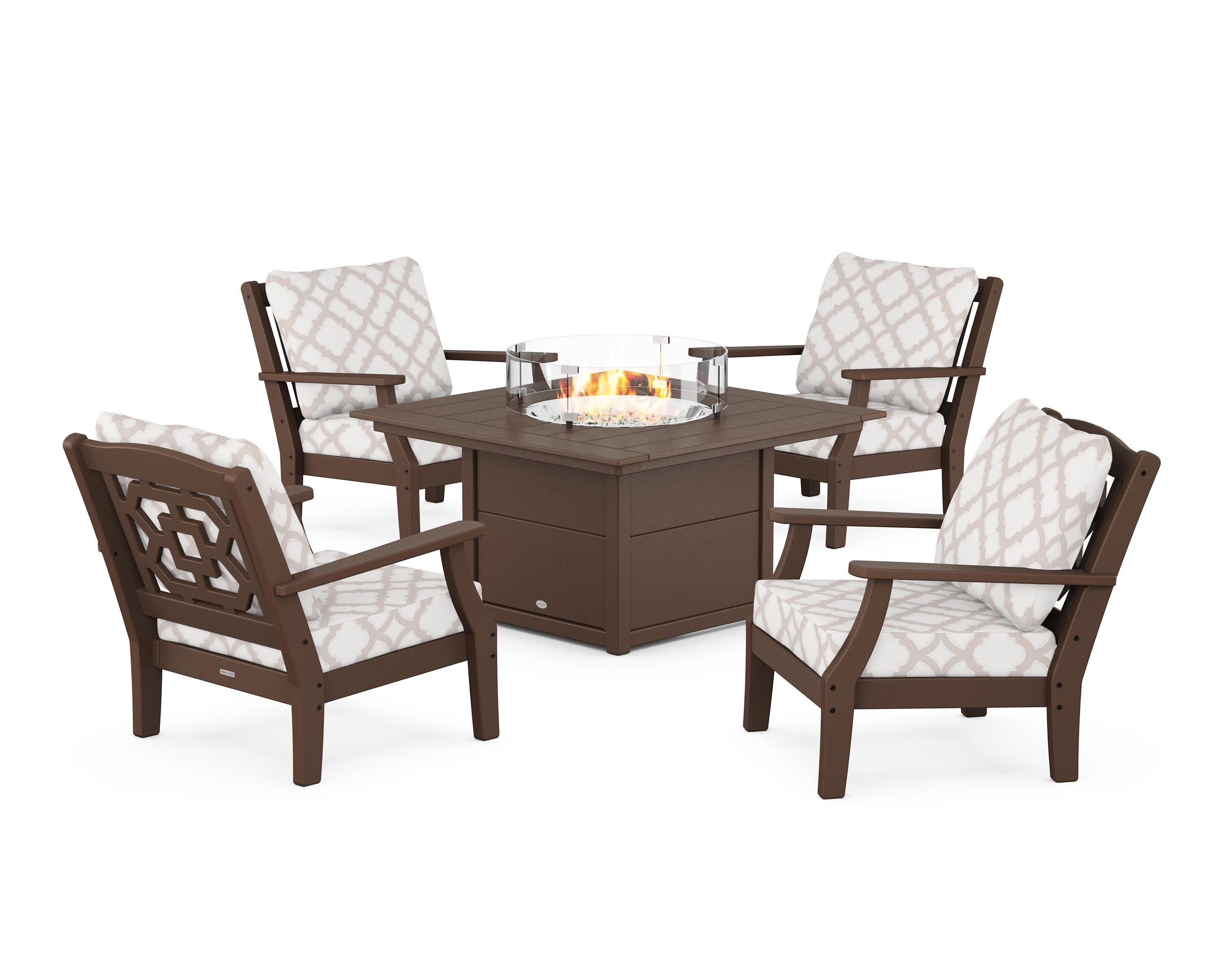 Chinoiserie 5-Piece Deep Seating Set with Fire Pit Table in Mahogany / Trellis Dune Burlap