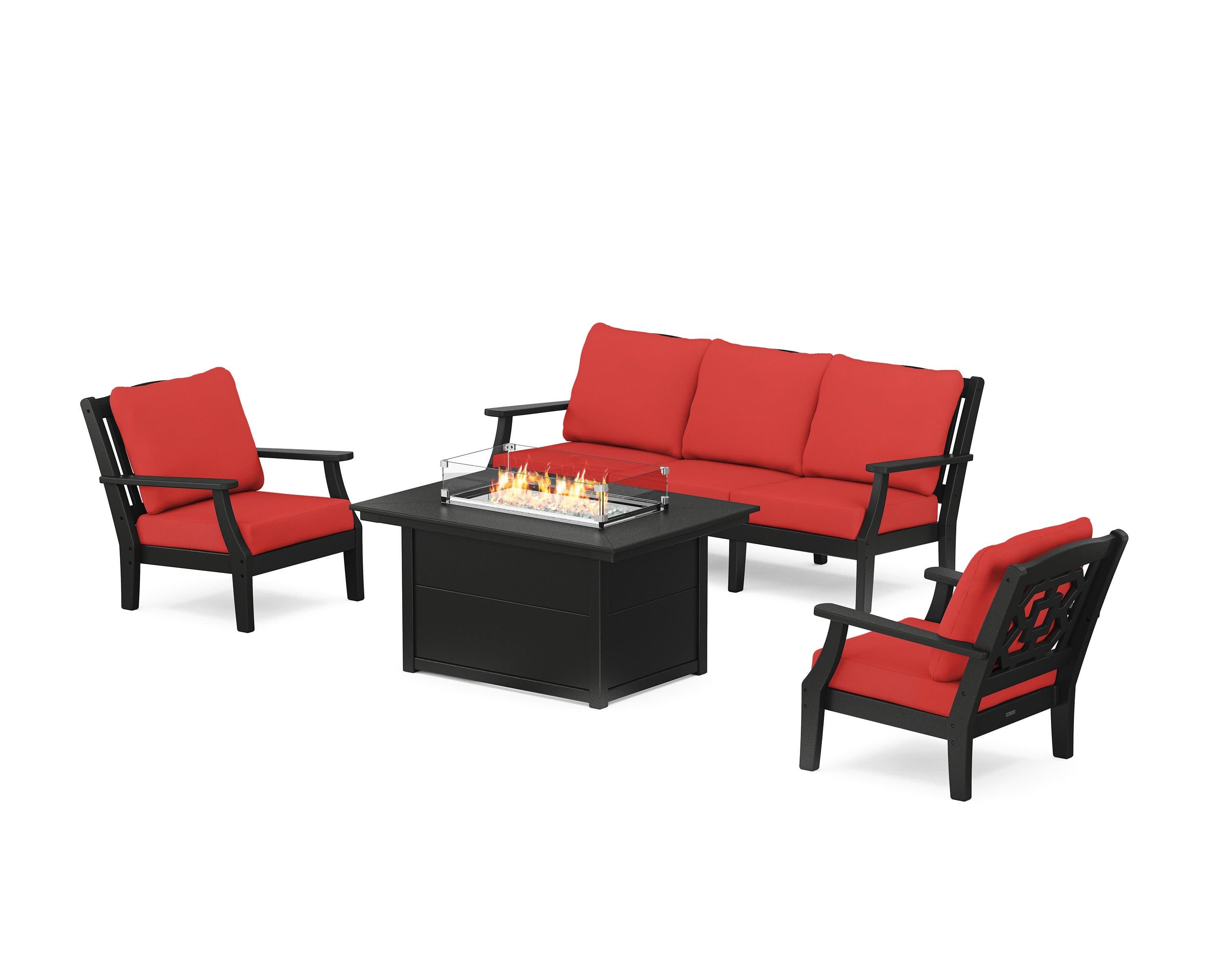 Chinoiserie Deep Seating Fire Pit Table Set in Black / Crimson Linen