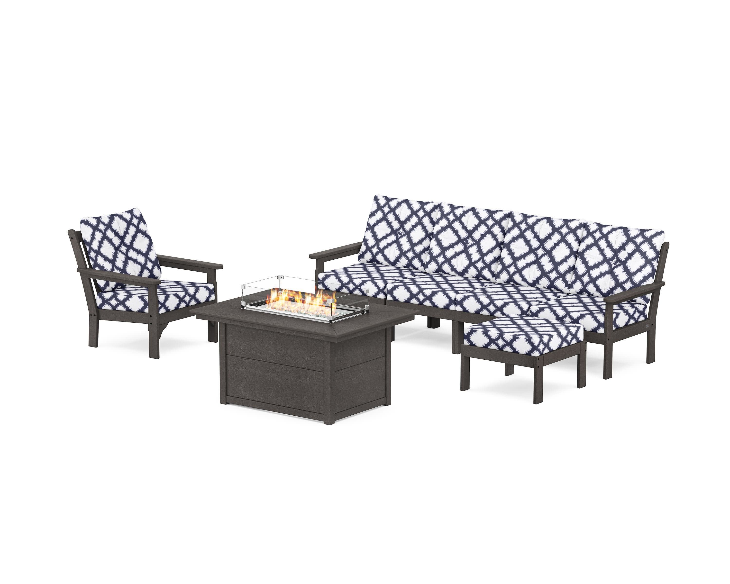 Vineyard Sectional Lounge and Fire Pit Set in Vintage Coffee / Trellis Navy