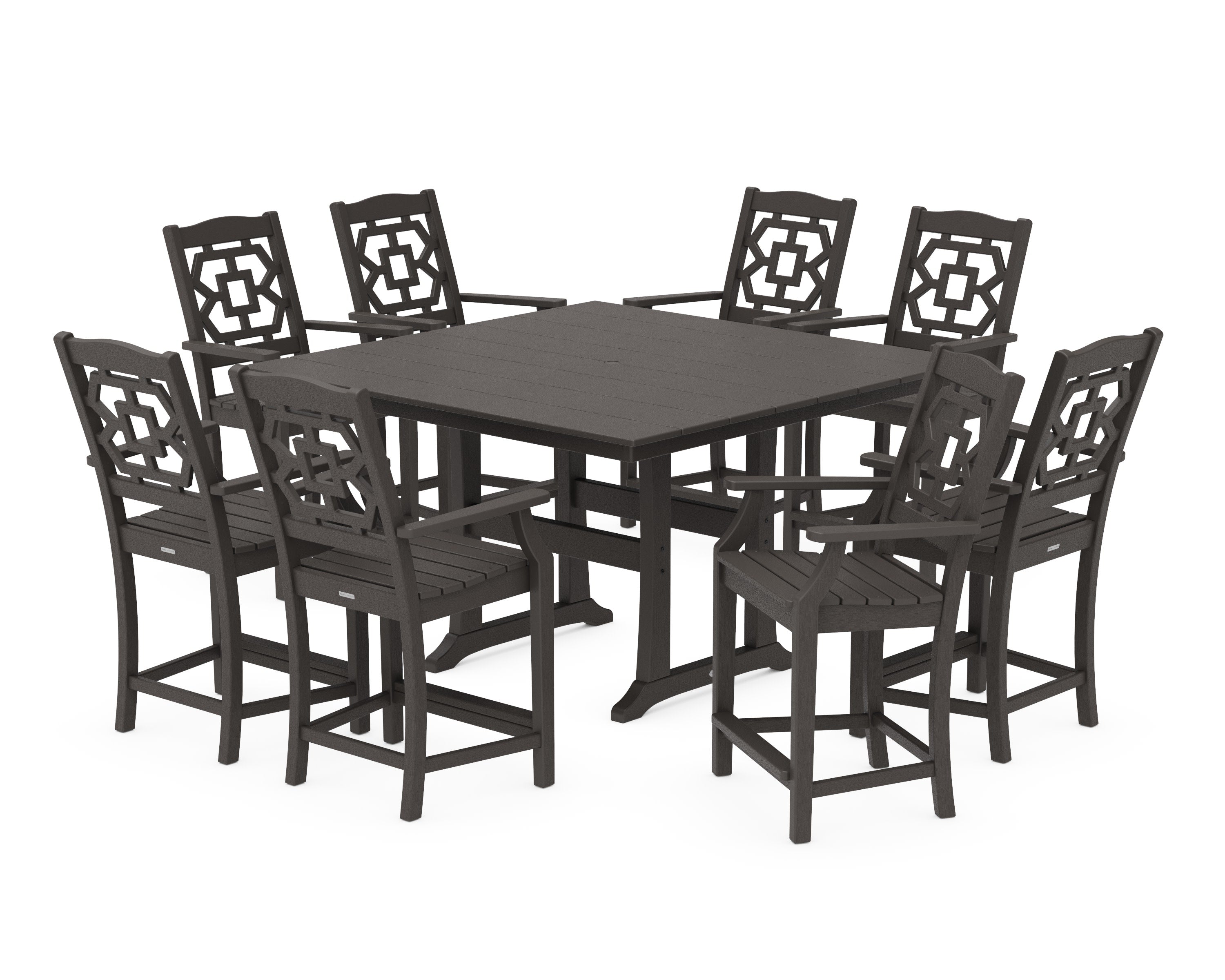 Chinoiserie 9-Piece Square Farmhouse Counter Set with Trestle Legs in Vintage Coffee
