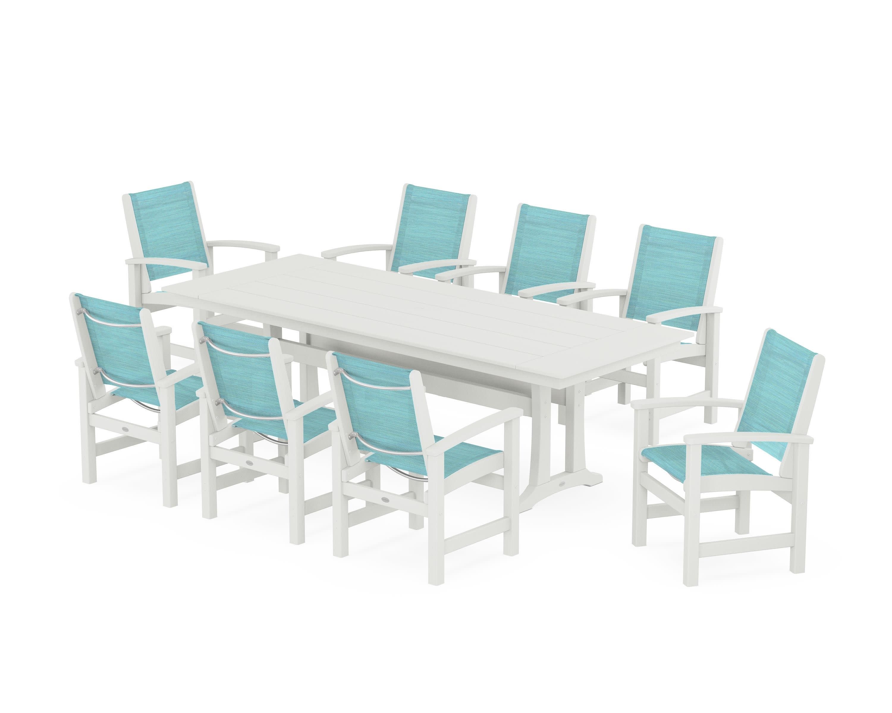 Coastal 9-Piece Farmhouse Dining Set with Trestle Legs in Vintage White / Dupioni Aquamarine Sling