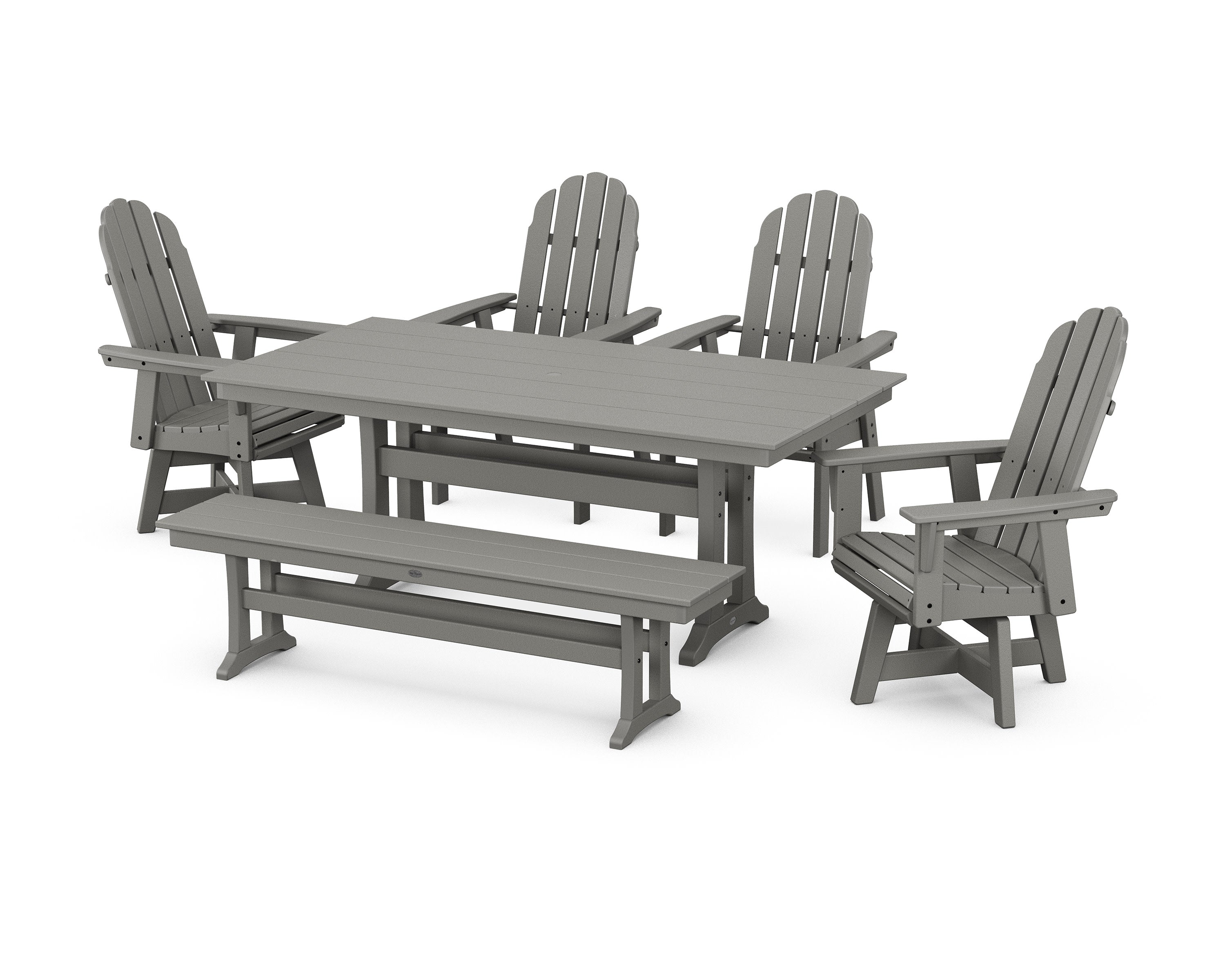 Vineyard Curveback Adirondack 6-Piece Swivel Chair Farmhouse Dining Set with Trestle Legs and Bench in Slate Grey