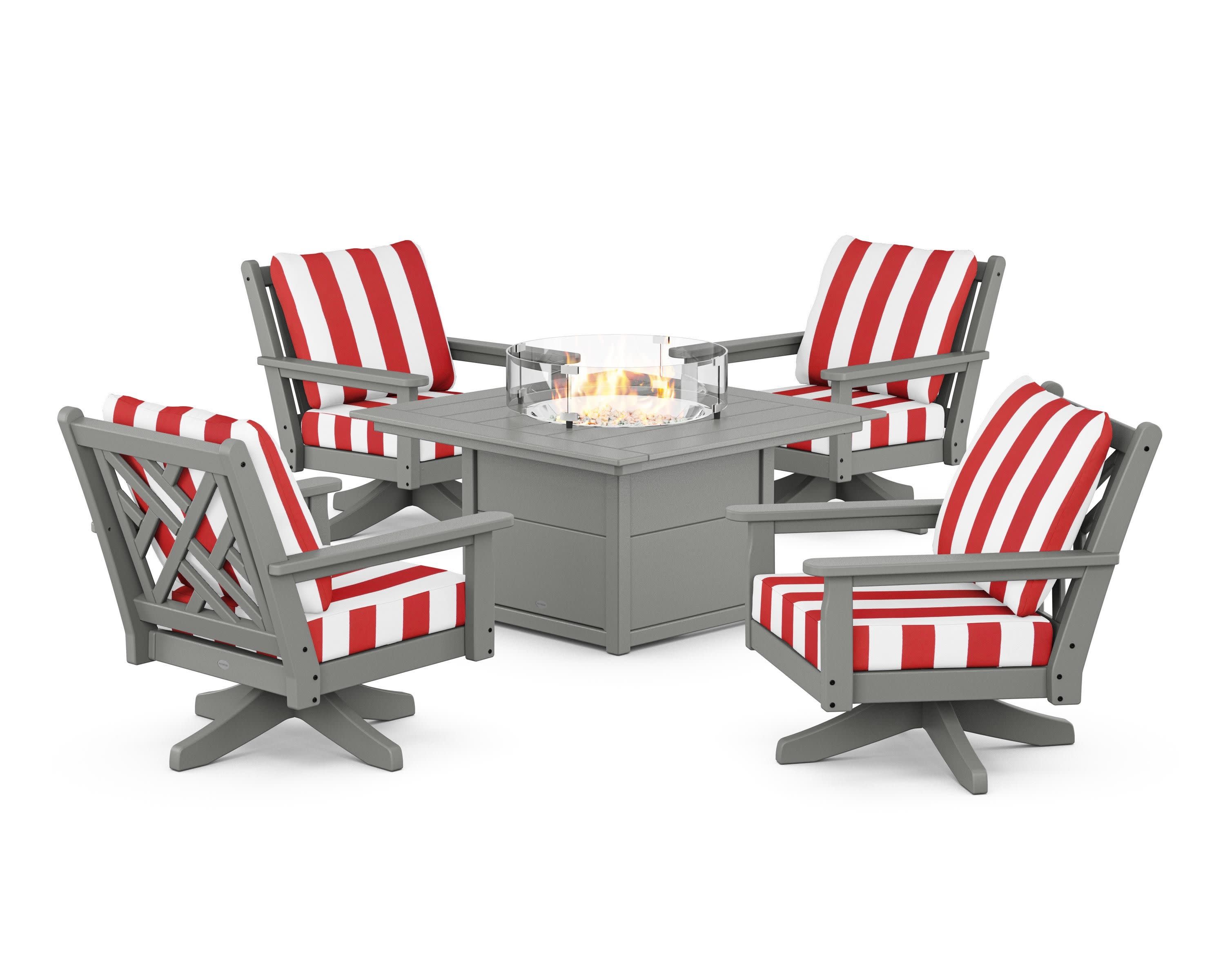 Chippendale 5-Piece Deep Seating Swivel Conversation Set with Fire Pit Table in Slate Grey / Cabana Stripe Crimson
