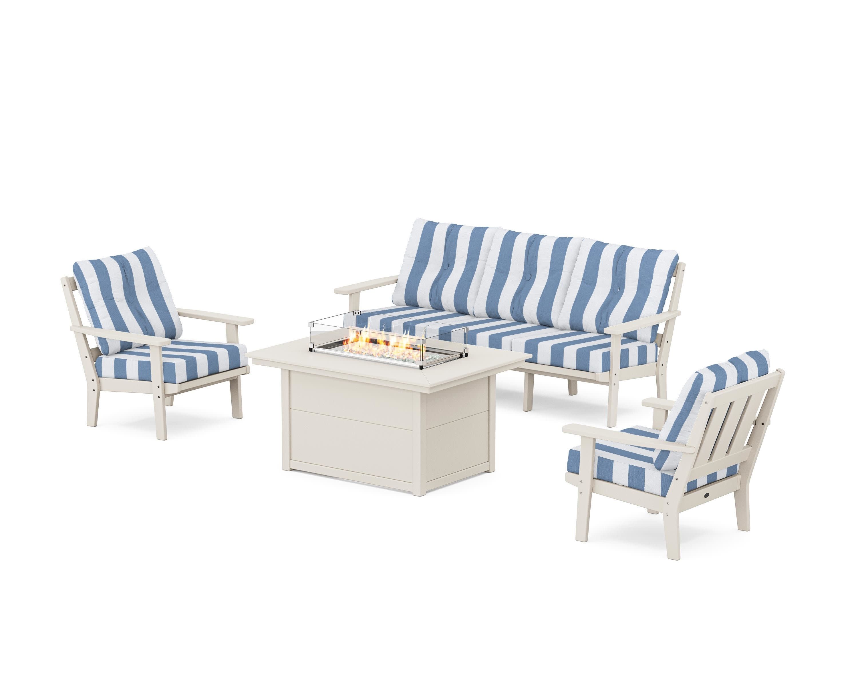Oxford Deep Seating Fire Pit Table Set in Sand / Cabana Stripe Sky Blue