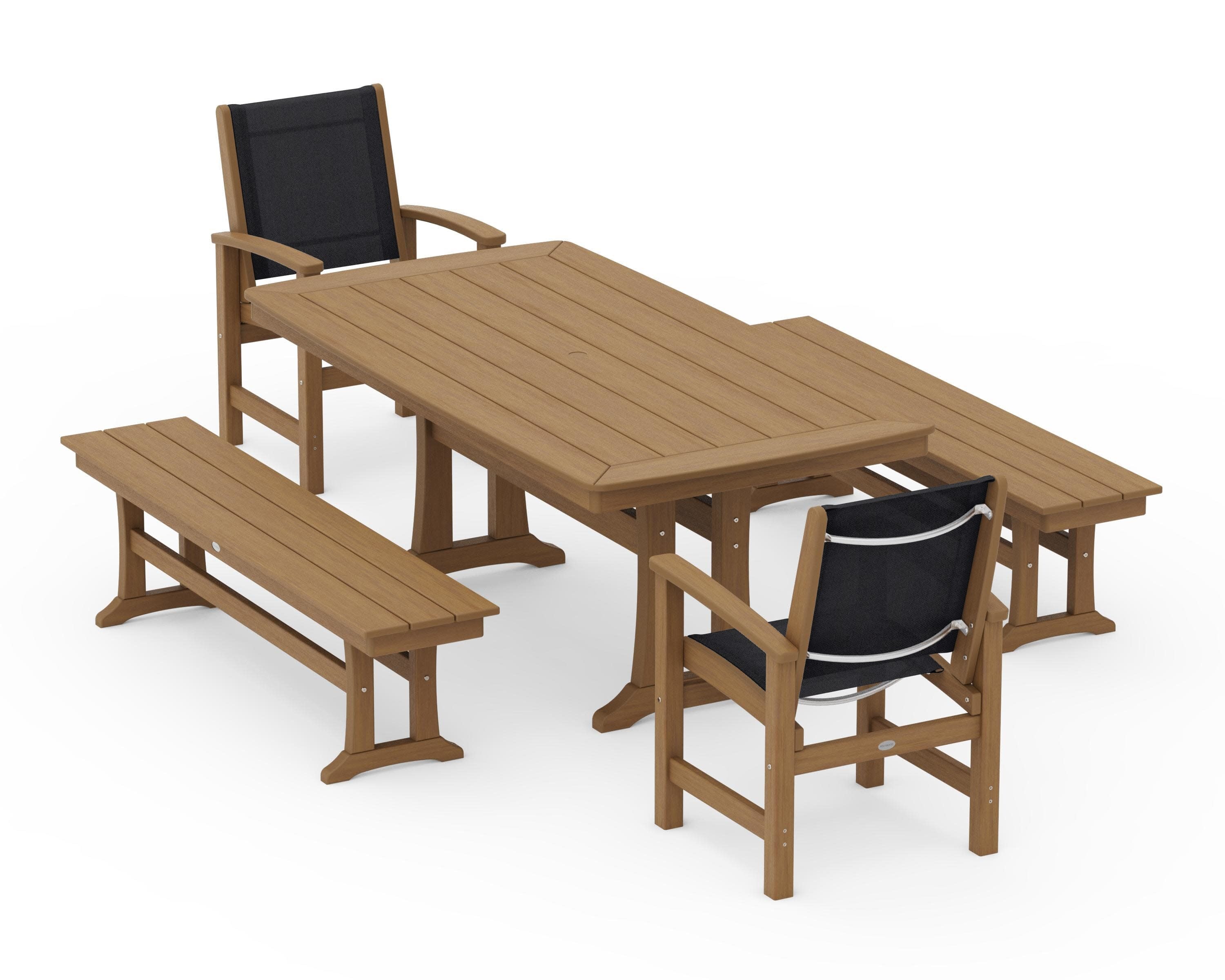 Coastal 5-Piece Dining Set with Trestle Legs and Benches in Natural / Black Sling