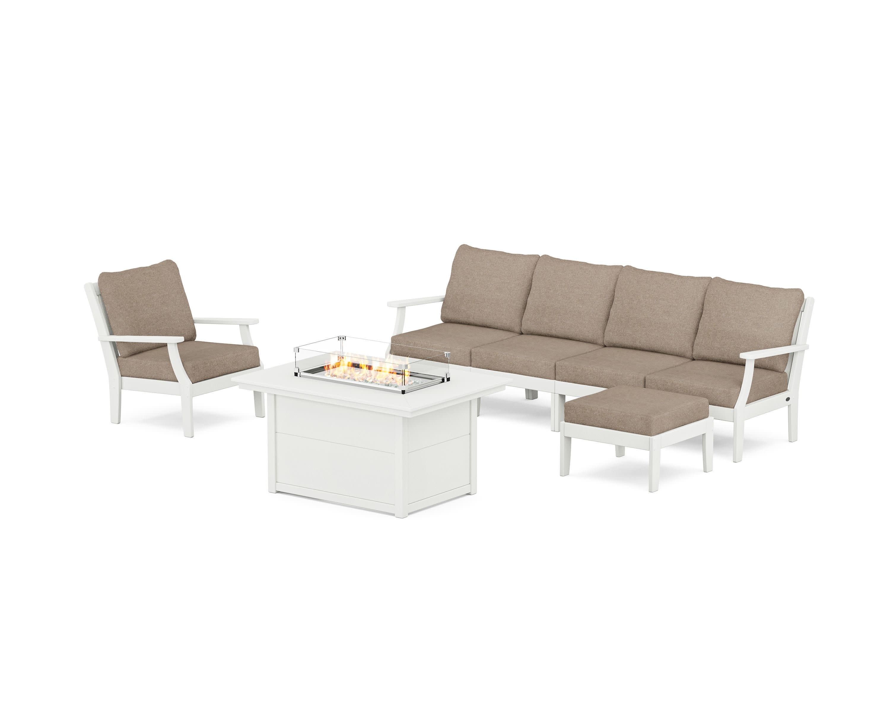 Braxton Sectional Lounge and Fire Pit Set in Vintage White / Spiced Burlap