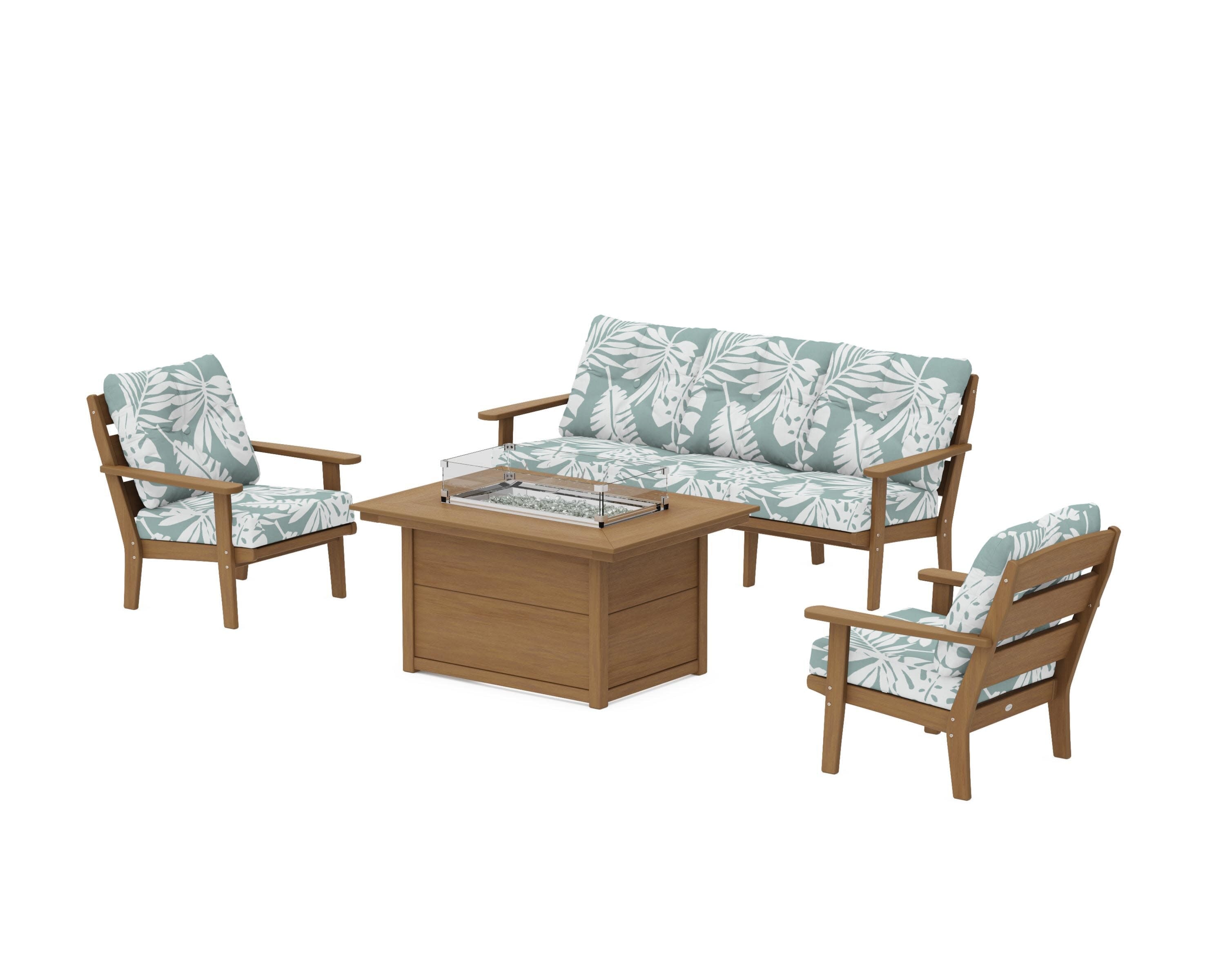 Lakeside Deep Seating Fire Pit Table Set in Natural / Leaf Glacier Spa