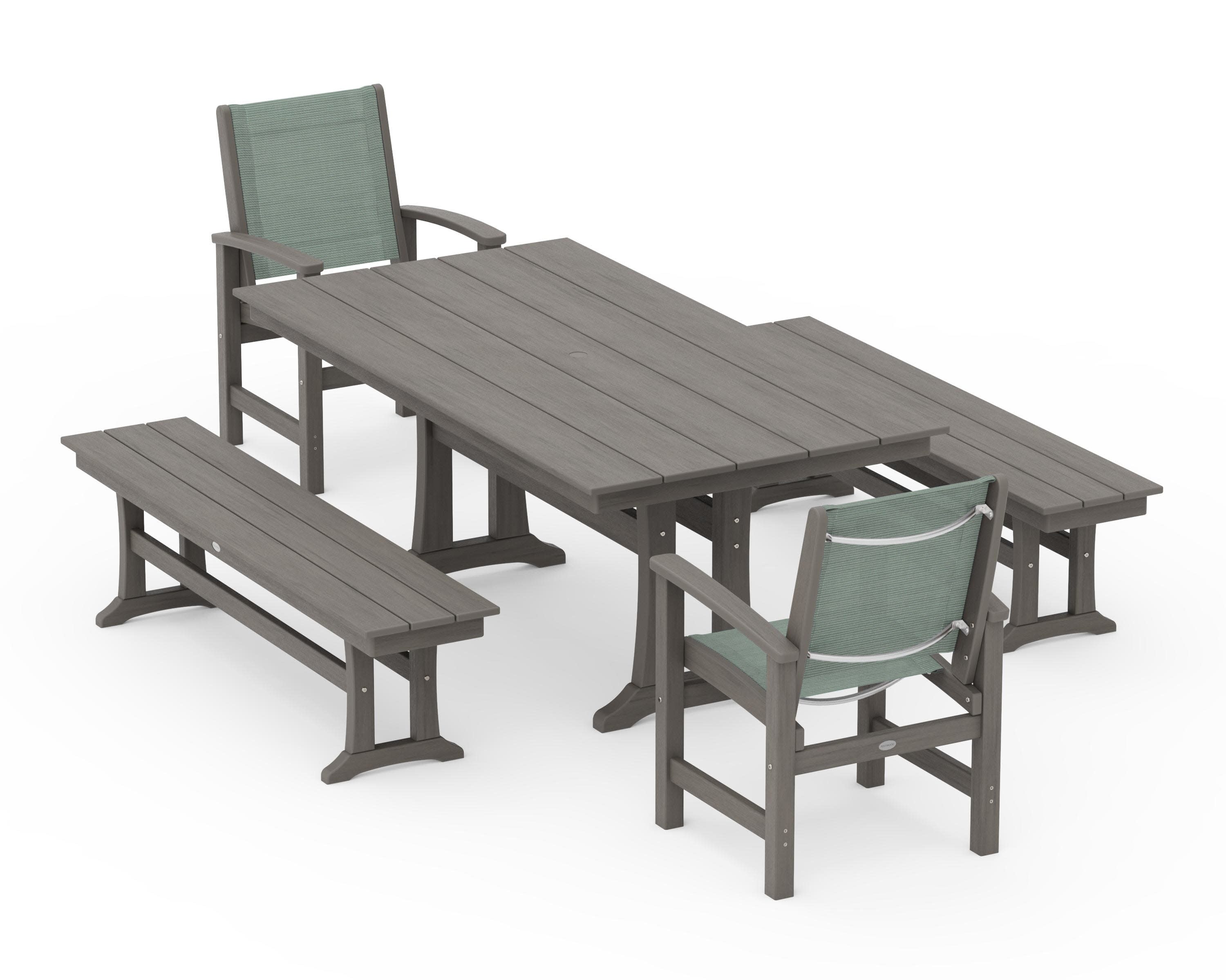 Coastal 5-Piece Farmhouse Dining Set with Trestle Legs and Benches in Driftwood / Dupioni Sea Mist Sling