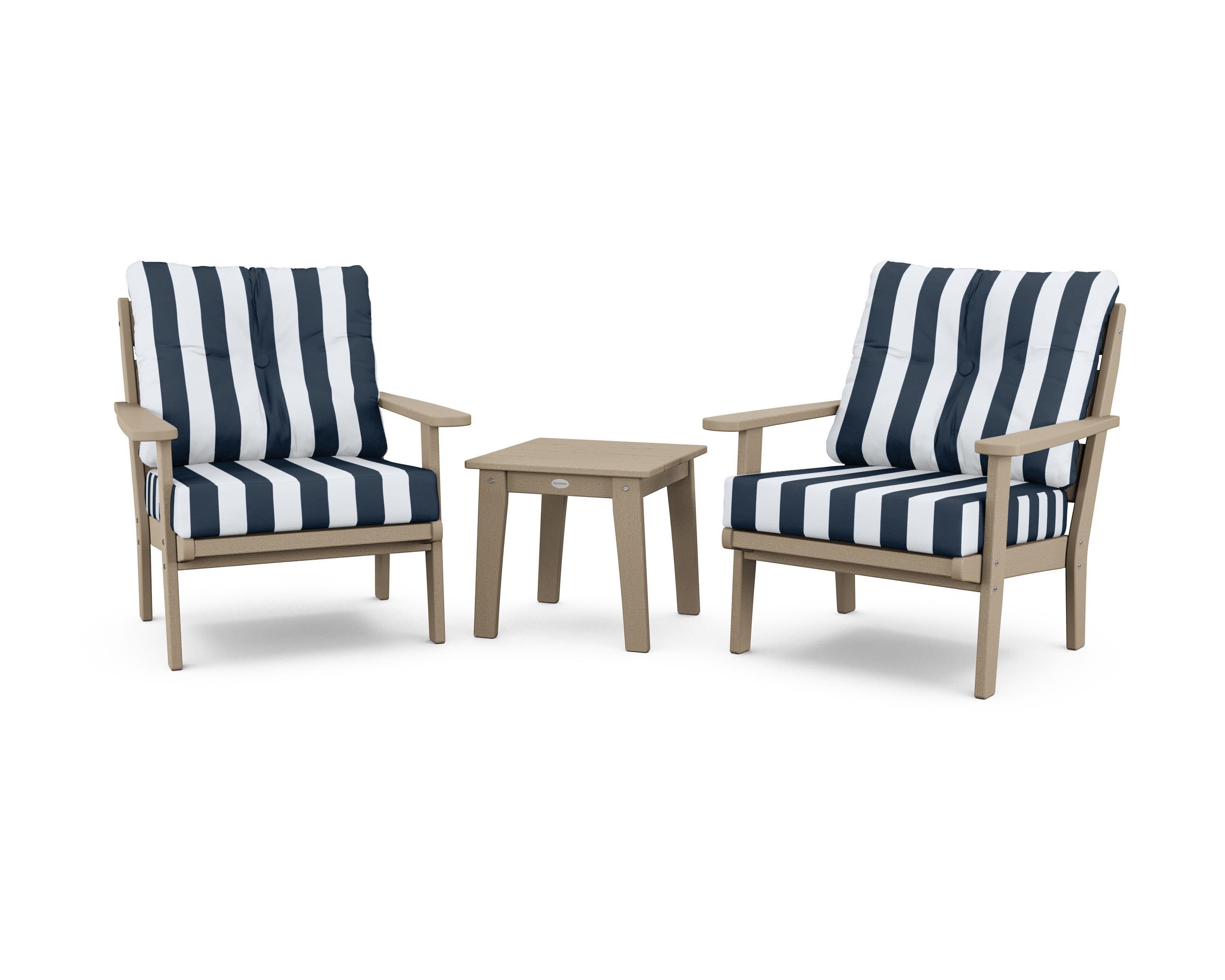 Lakeside 3-Piece Deep Seating Chair Set in Vintage Sahara / Cabana Stripe Marine Indigo