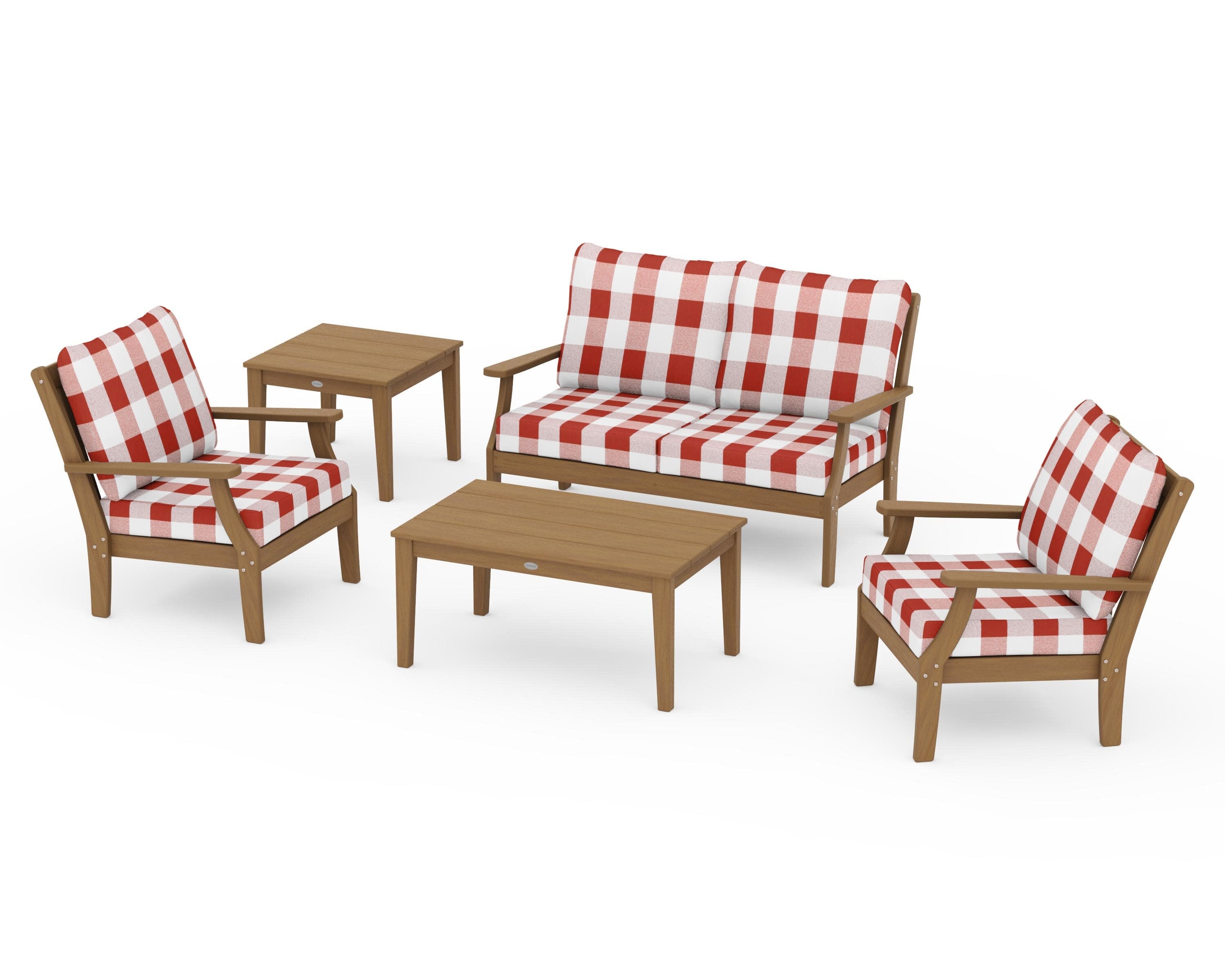Braxton 5-Piece Deep Seating Set in Natural / Buffalo Plaid Crimson