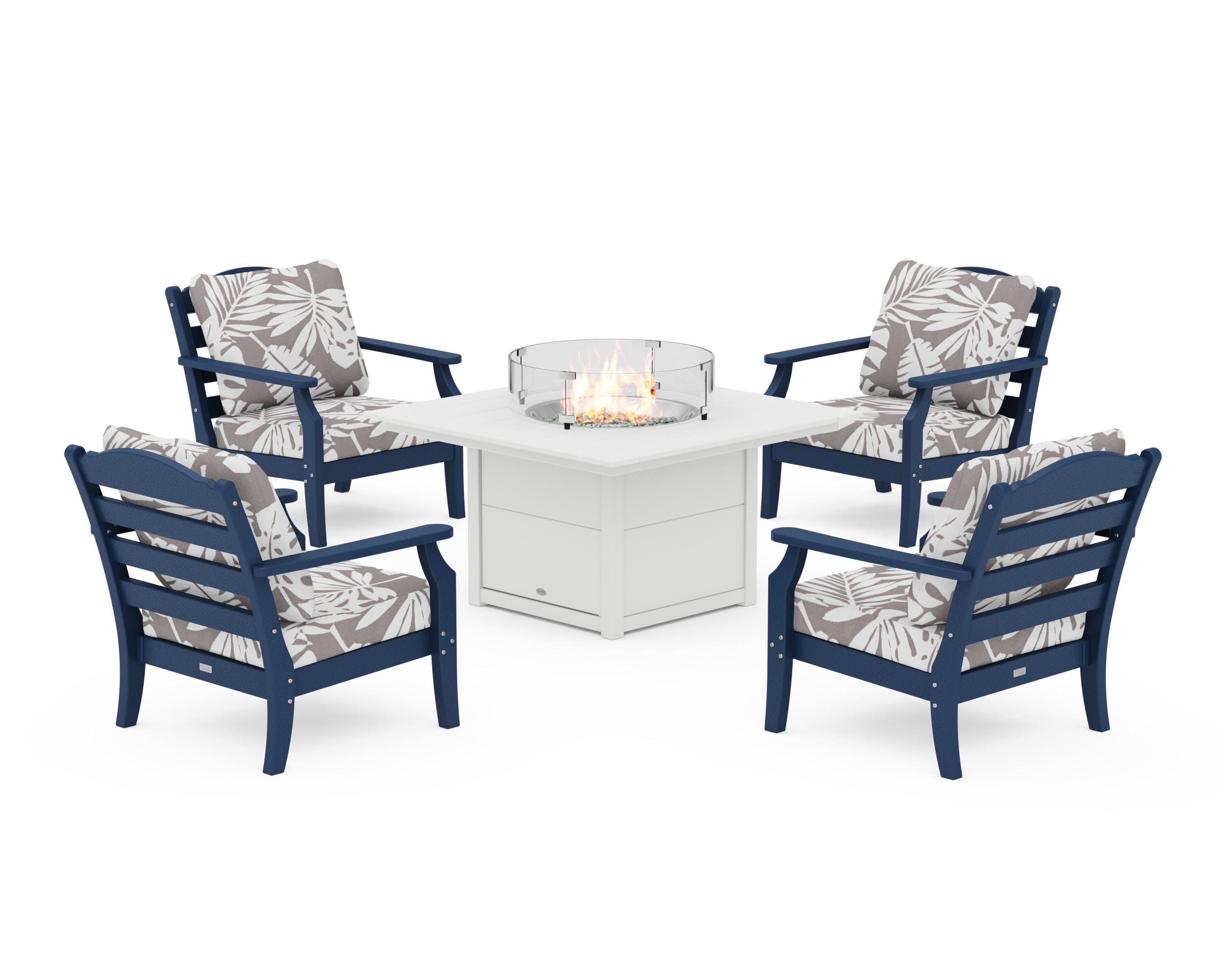 Savannah 5-Piece Deep Seating Set with Fire Pit Table in Navy / Leaf Grey Mist