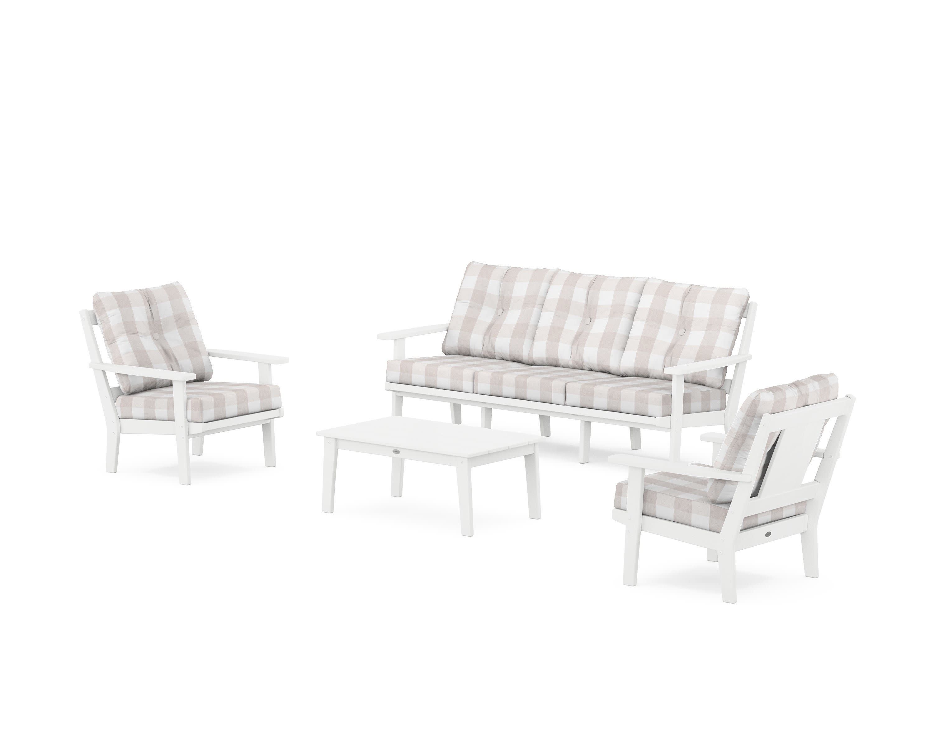 Prairie 4-Piece Deep Seating Set with Sofa in White / Buffalo Plaid Dune Burlap