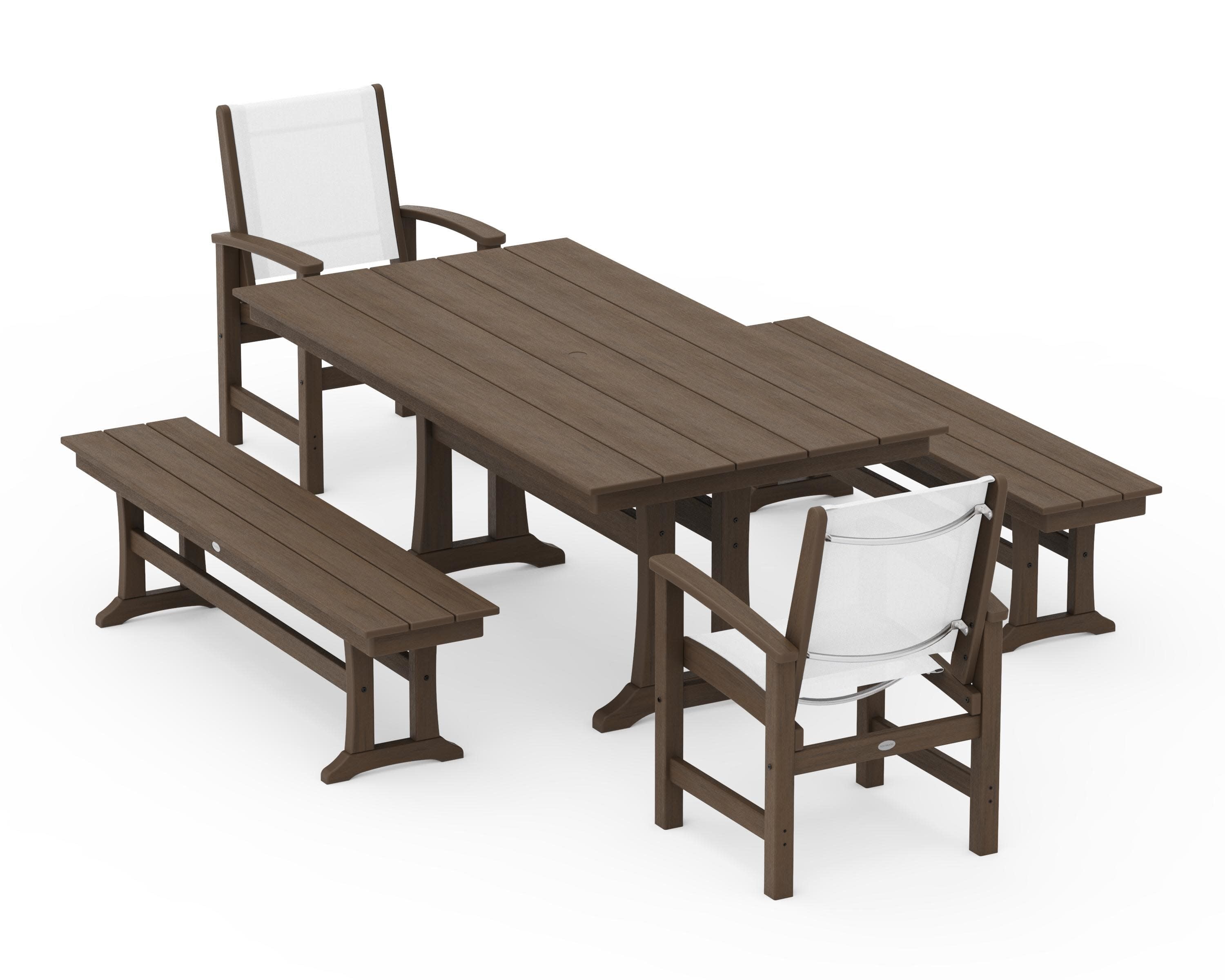 Coastal 5-Piece Farmhouse Dining Set with Trestle Legs and Benches in Kona / White Sling