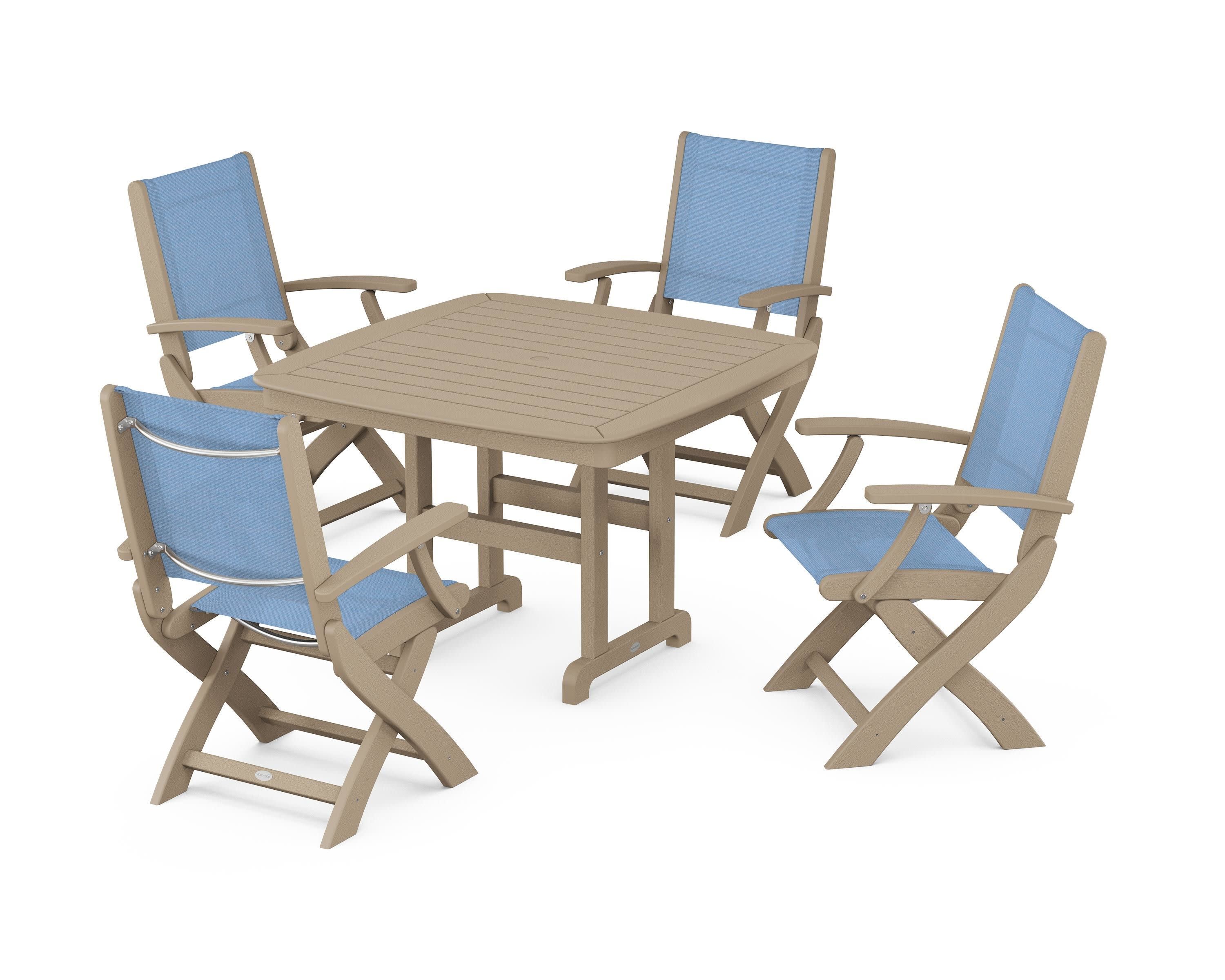 Coastal Folding Chair 5-Piece Dining Set in Vintage Sahara / Poolside Sling