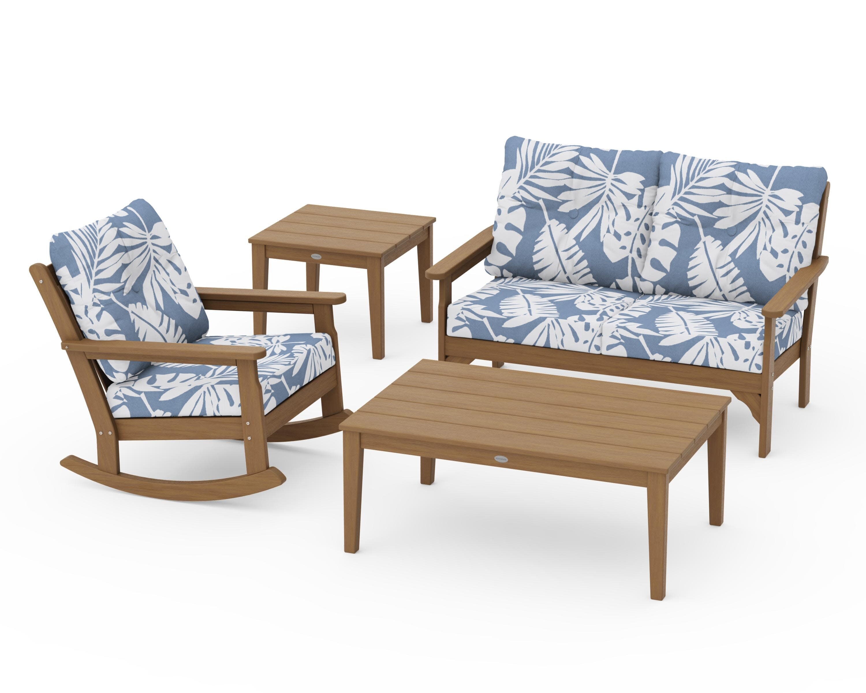 Vineyard 4-Piece Deep Seating Rocker Set in Natural / Leaf Sky Blue