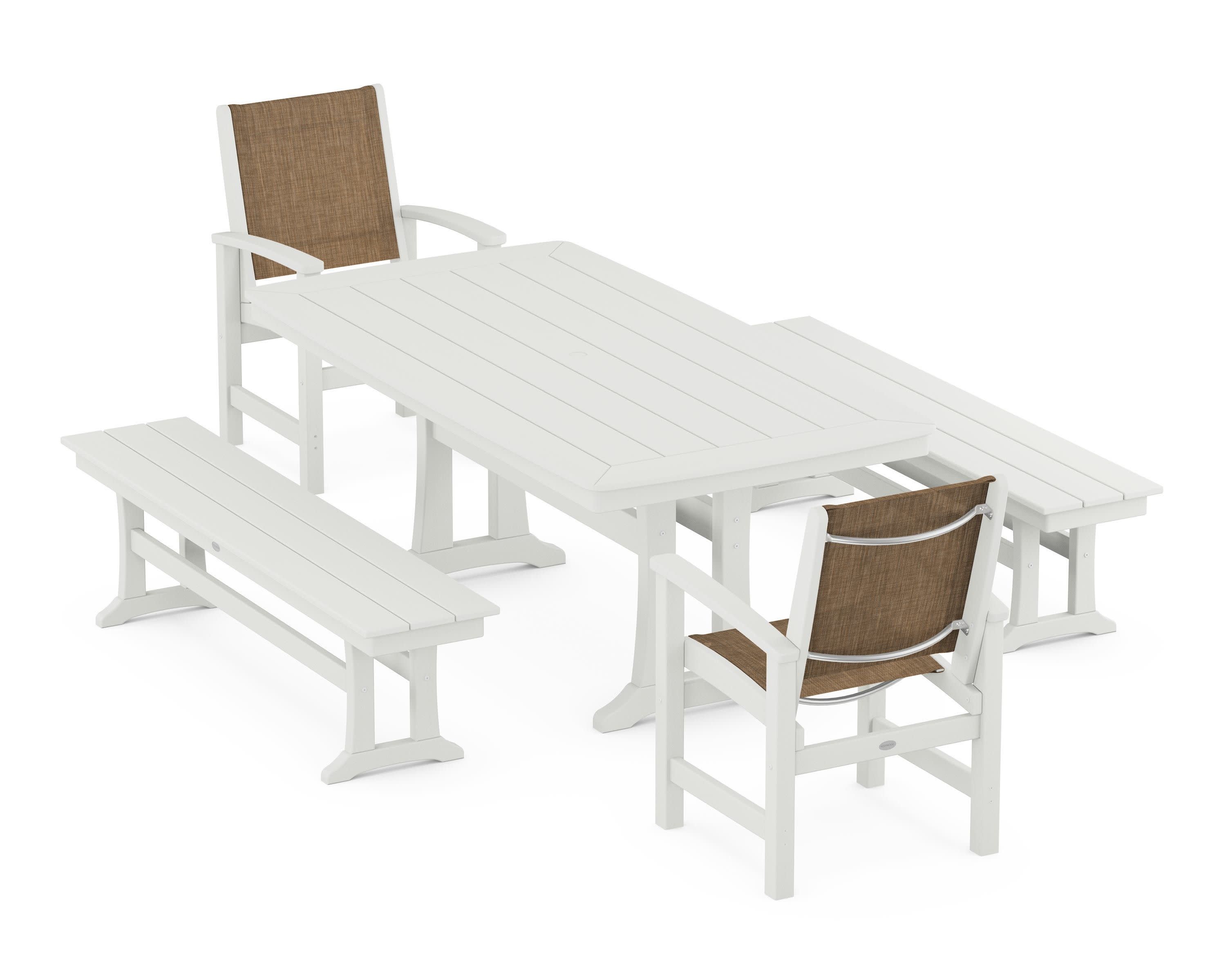 Coastal 5-Piece Dining Set with Trestle Legs and Benches in Vintage White / Burlap Sling