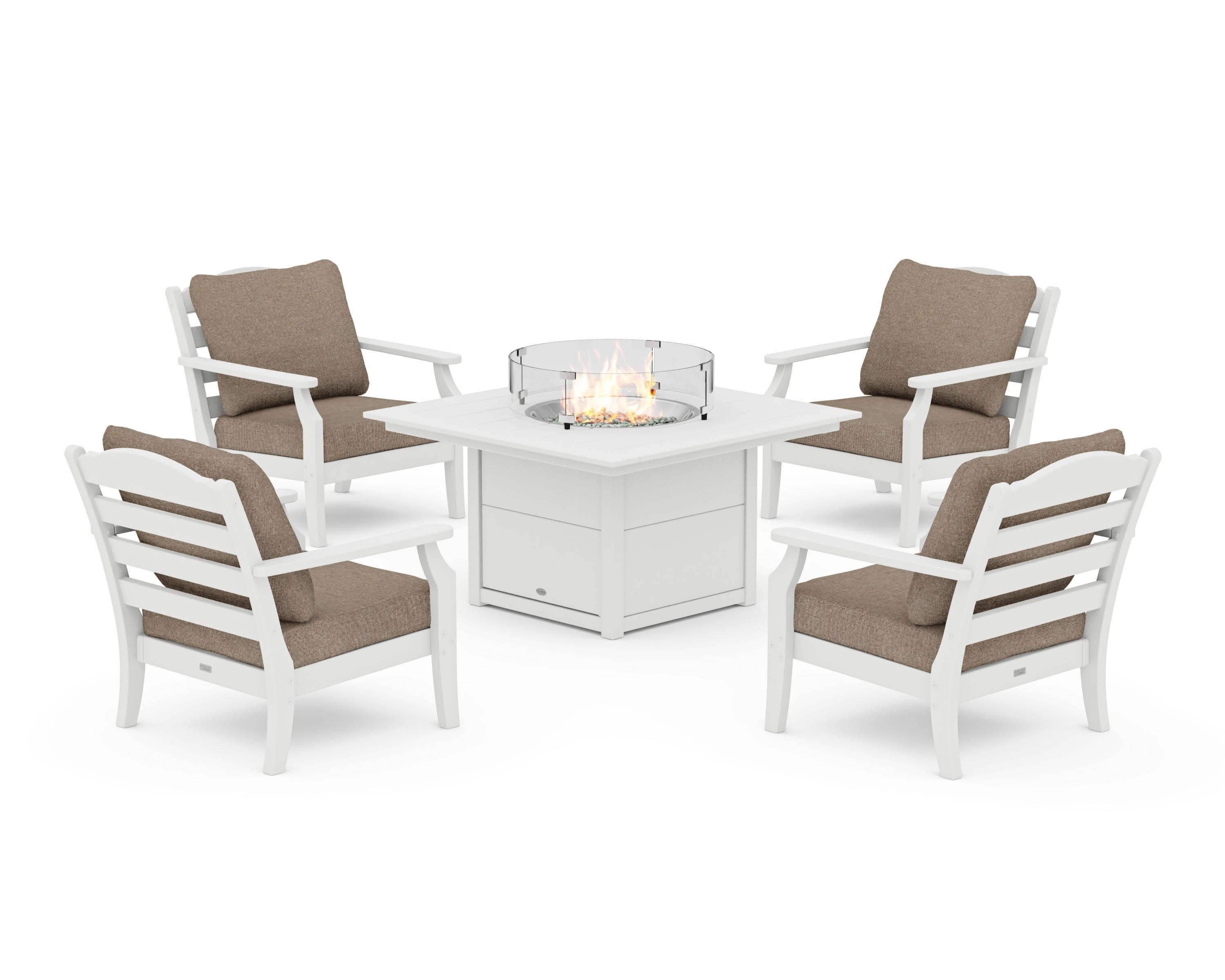Savannah 5-Piece Deep Seating Set with Fire Pit Table in White / Spiced Burlap