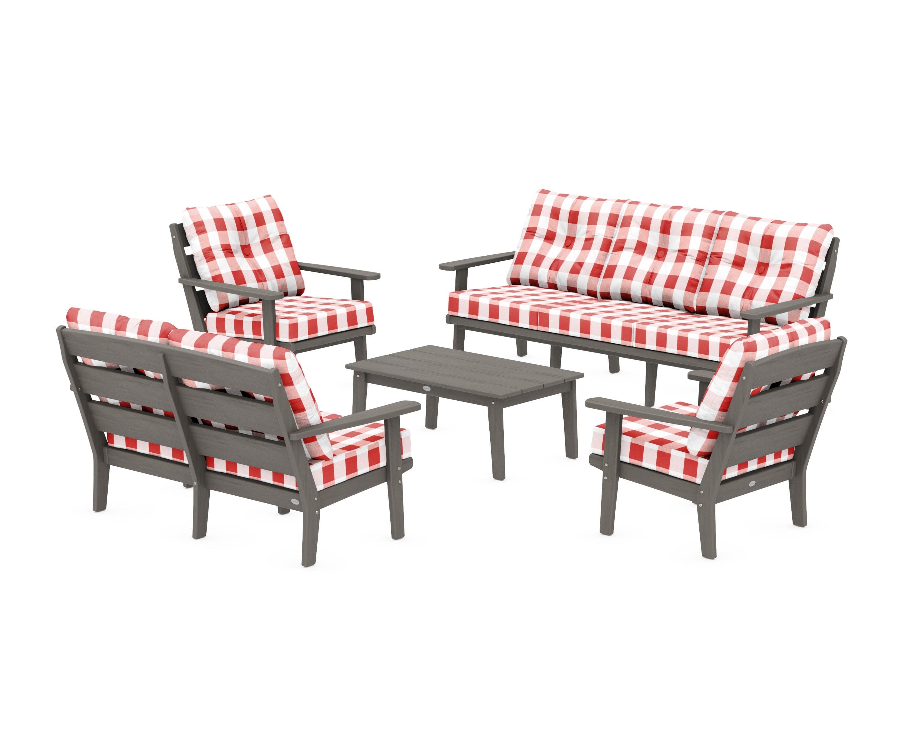 Lakeside 5-Piece Lounge Sofa Set in Driftwood / Buffalo Plaid Crimson