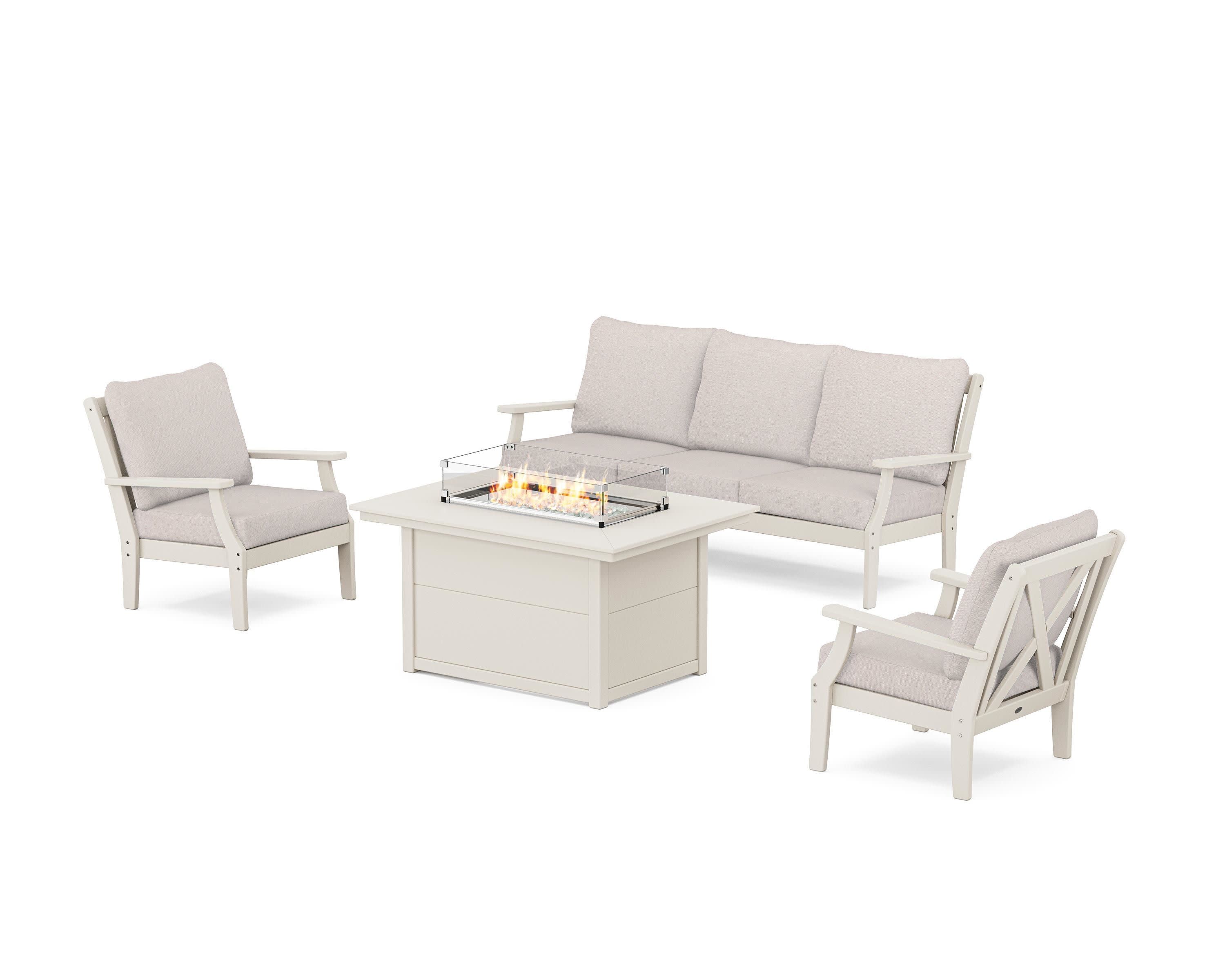 Braxton Deep Seating Fire Pit Table Set in Sand / Dune Burlap