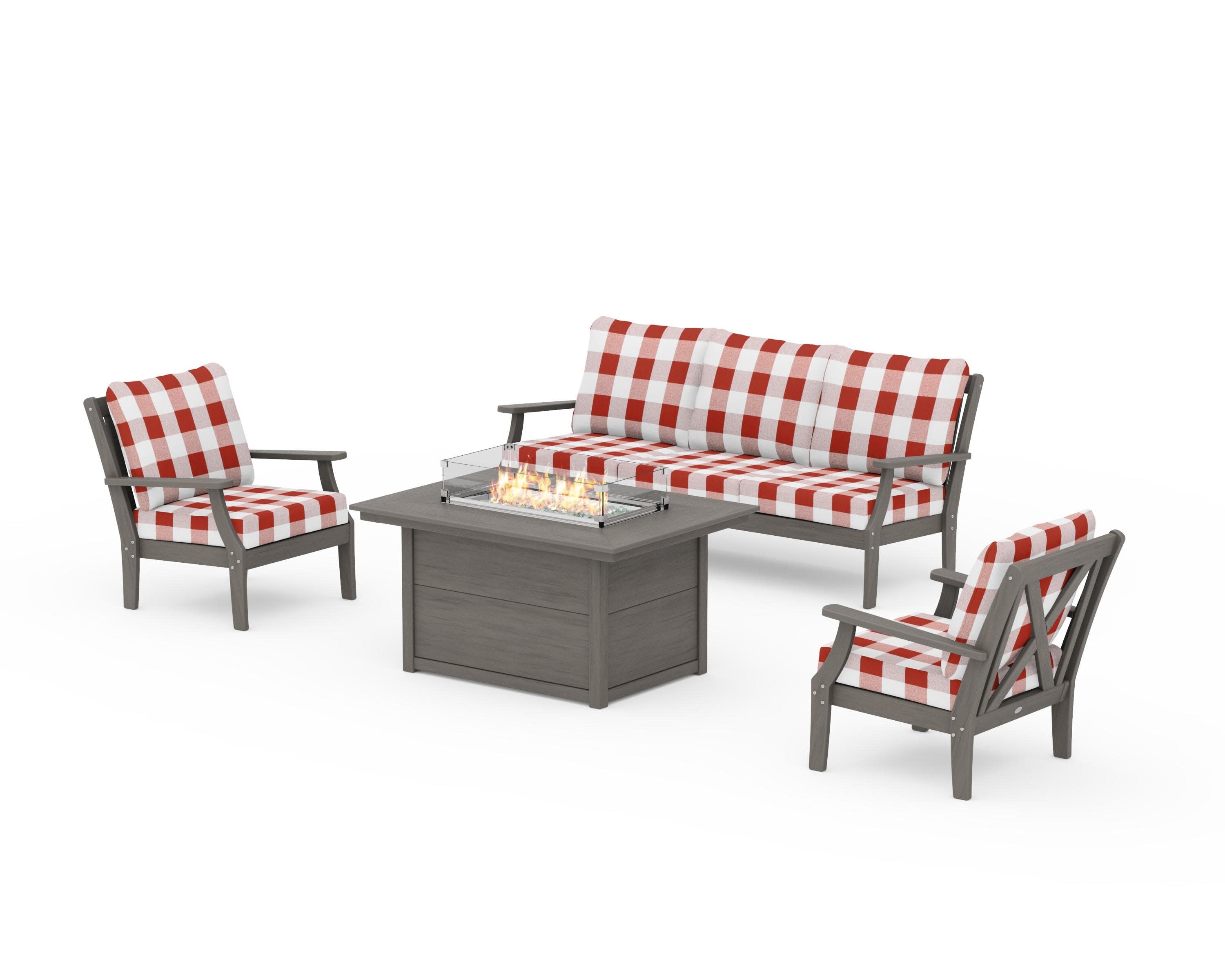 Braxton Deep Seating Fire Pit Table Set in Driftwood / Buffalo Plaid Crimson