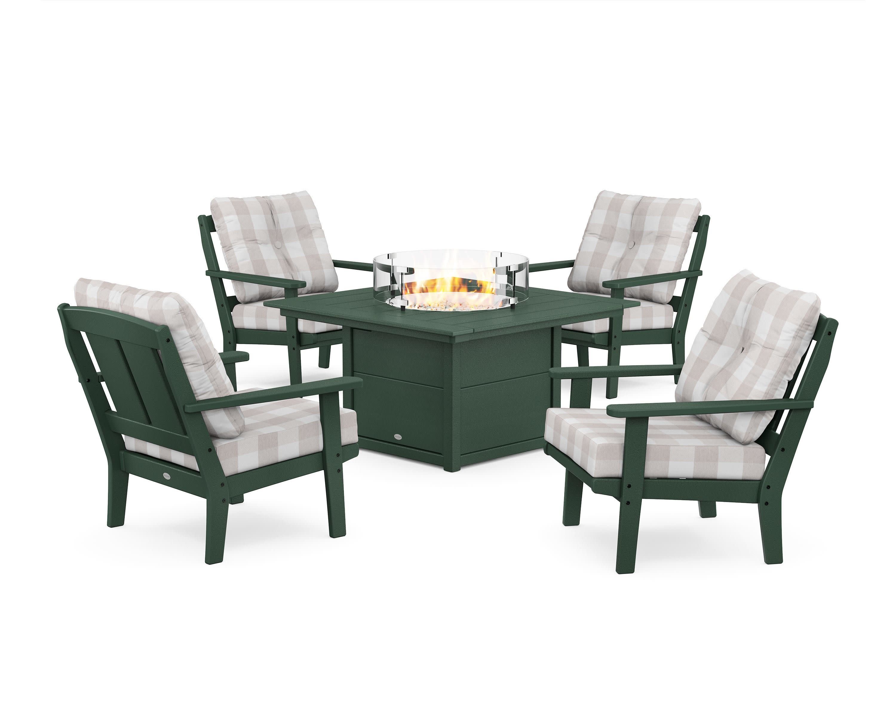 Mission 5-Piece Deep Seating Set with Fire Pit Table in Green / Buffalo Plaid Dune Burlap