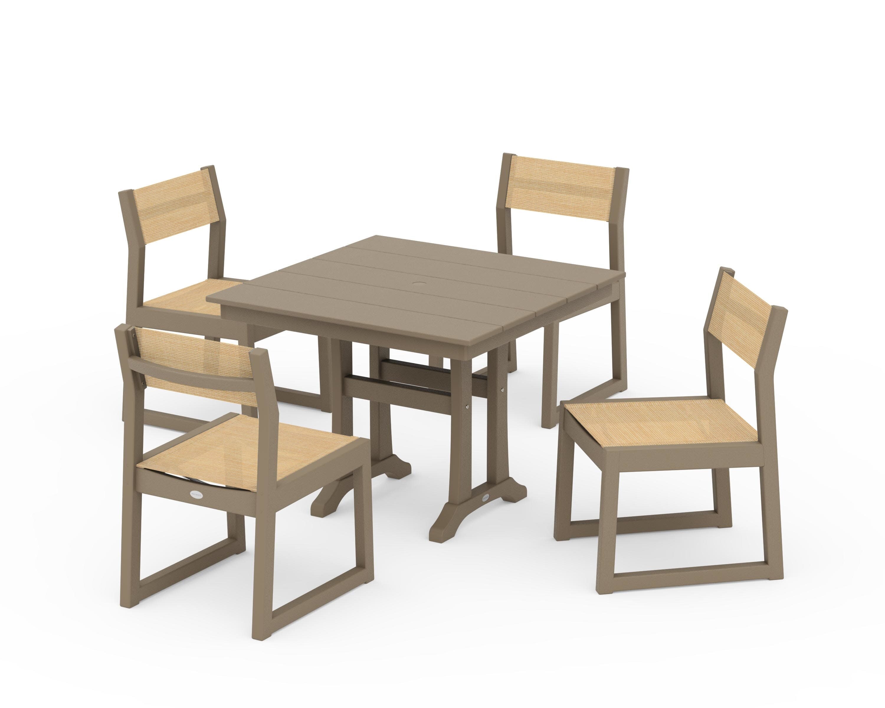 EDGE Sling 5-Piece Farmhouse Trestle Side Chair Dining Set in Vintage Sahara / Dupioni Apricot Sling