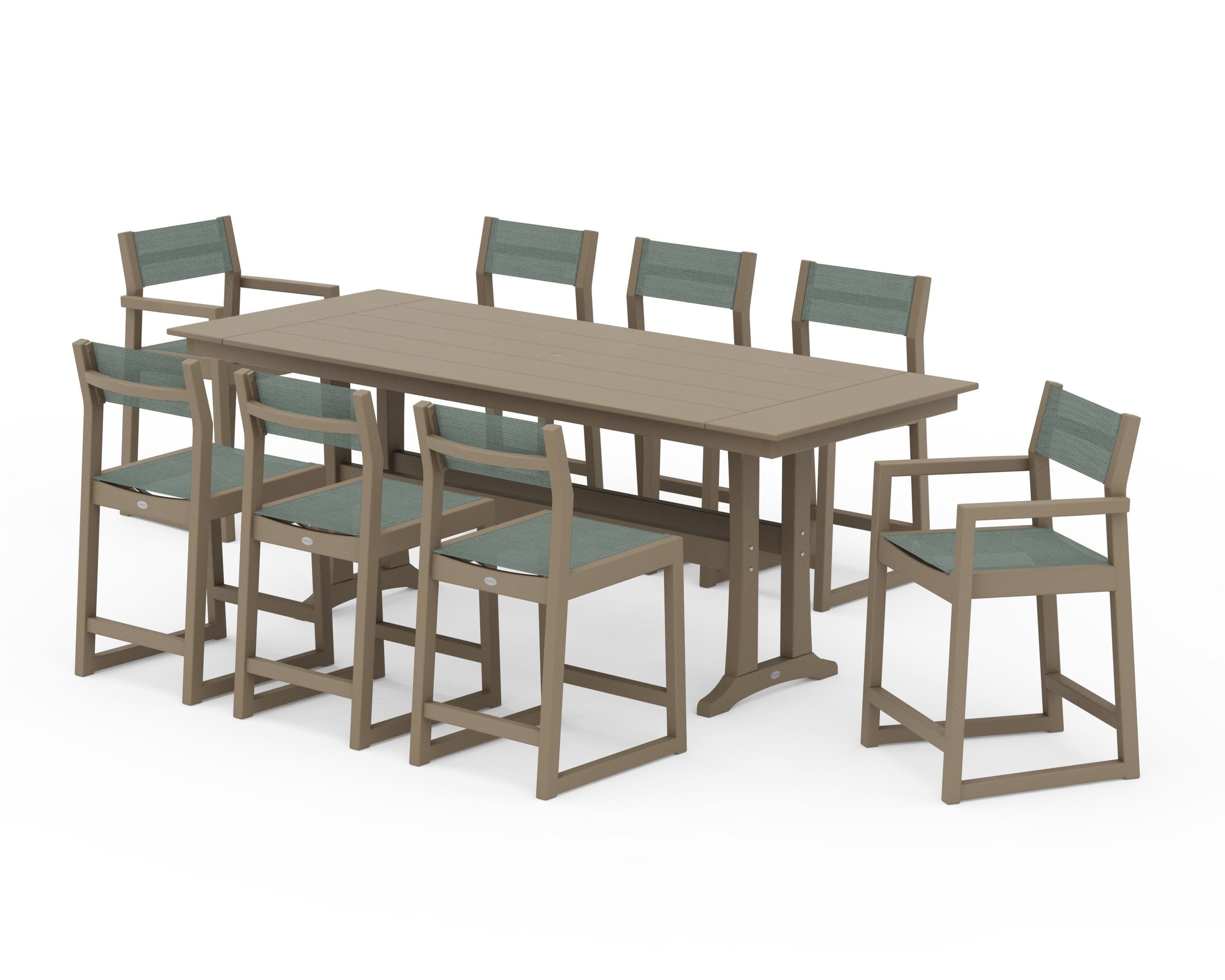 EDGE Sling 9-Piece Farmhouse Counter Set with Trestle Legs in Vintage Sahara / Dupioni Sea Mist Sling
