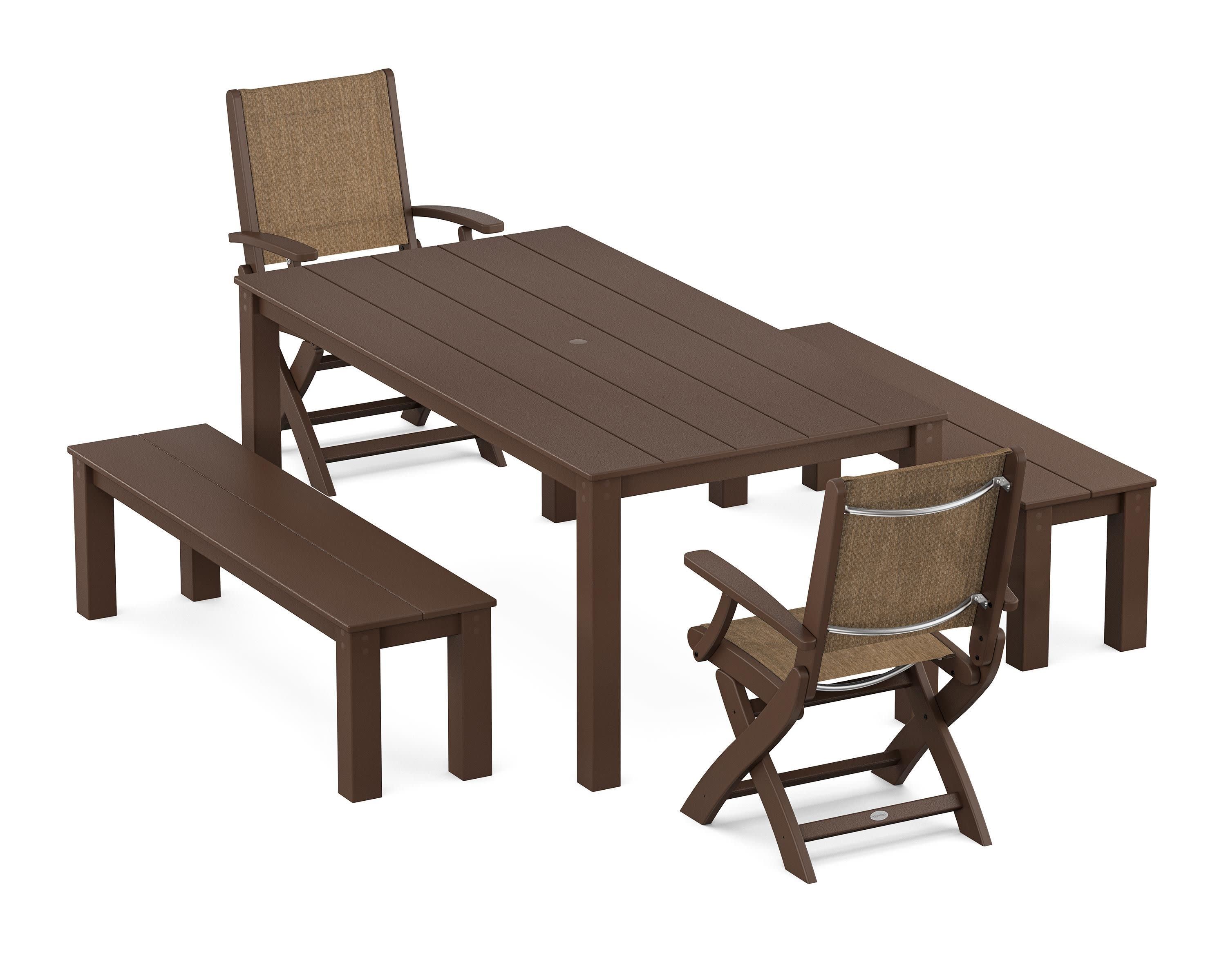 Coastal Folding Chair 5-Piece Parsons Dining Set with Benches in Mahogany / Burlap Sling