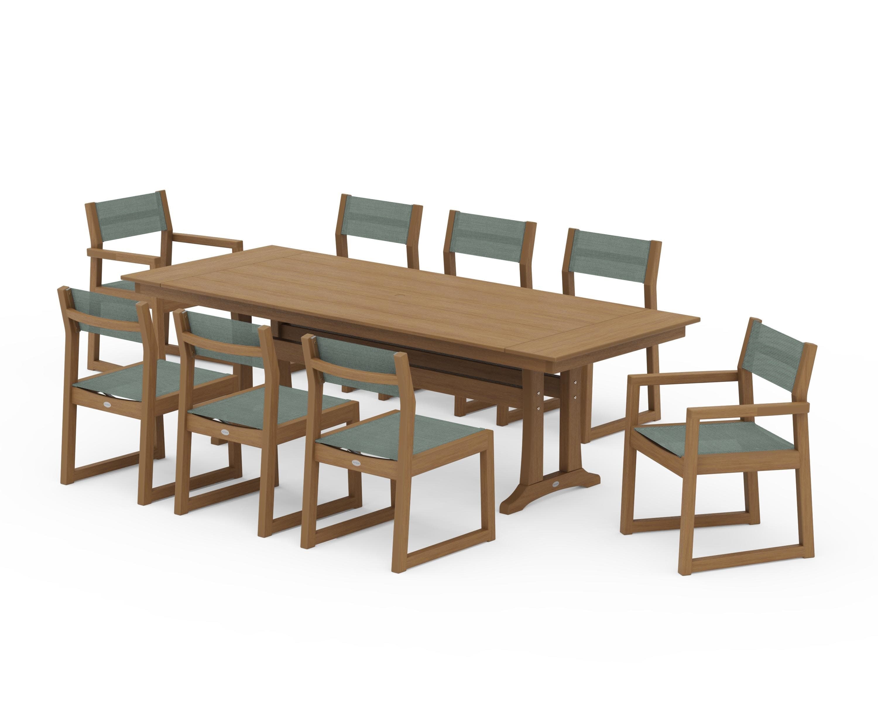 EDGE Sling 9-Piece Farmhouse Trestle Dining Set in Natural / Dupioni Sea Mist Sling