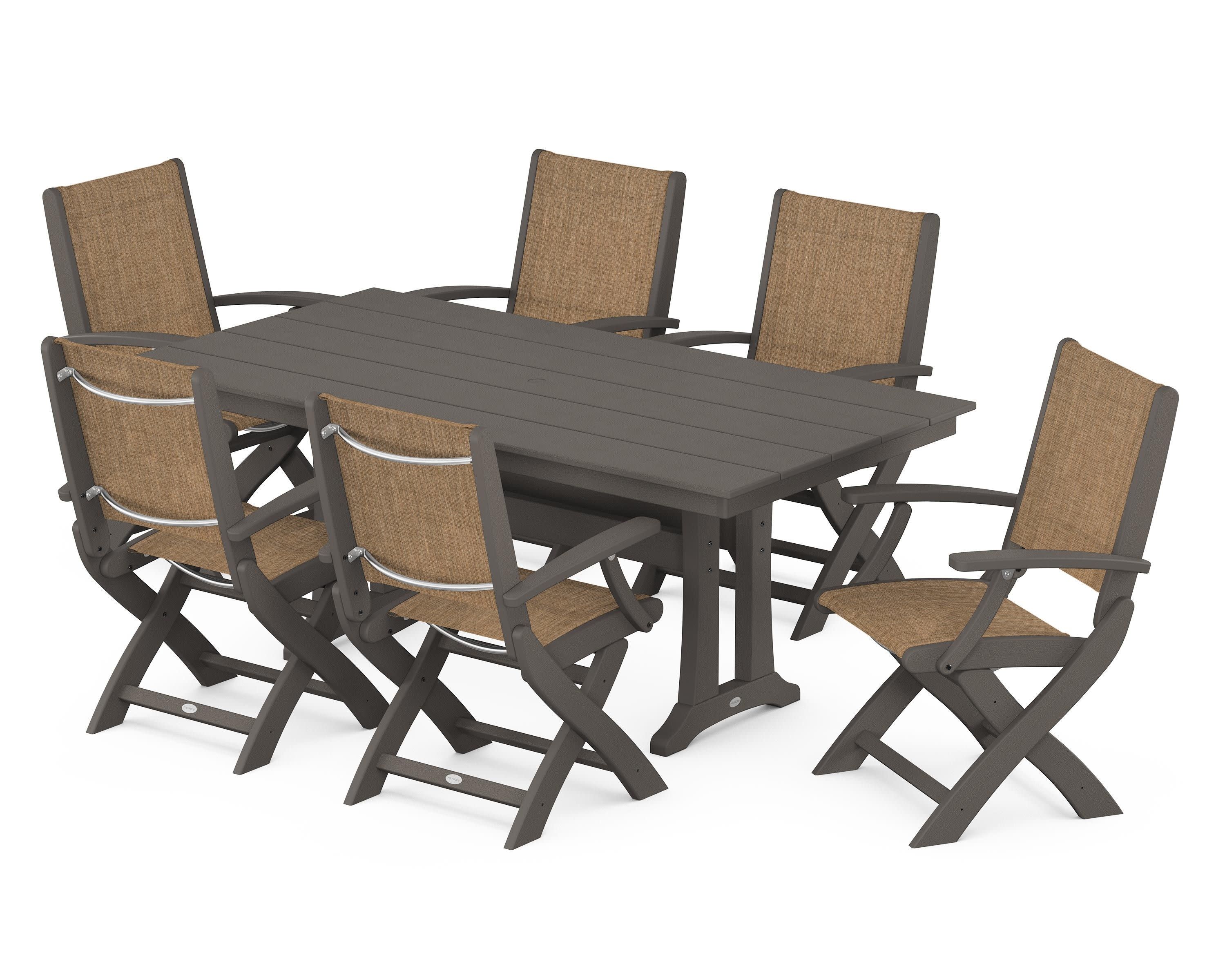 Coastal Folding Arm Chair 7-Piece Farmhouse Dining Set with Trestle Legs in Vintage Coffee / Burlap Sling