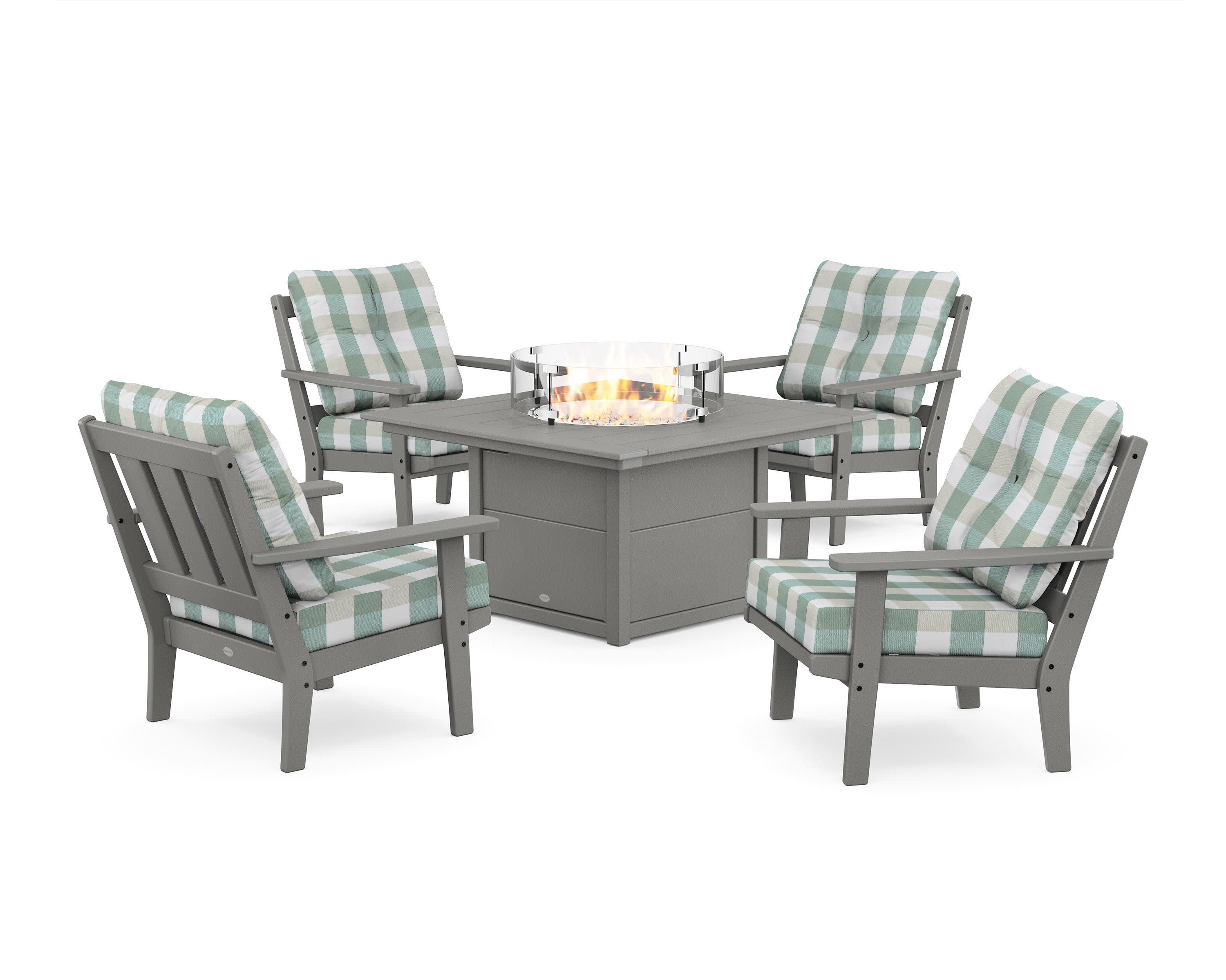 Oxford 5-Piece Deep Seating Set with Fire Pit Table in Slate Grey / Buffalo Plaid Glacier Spa