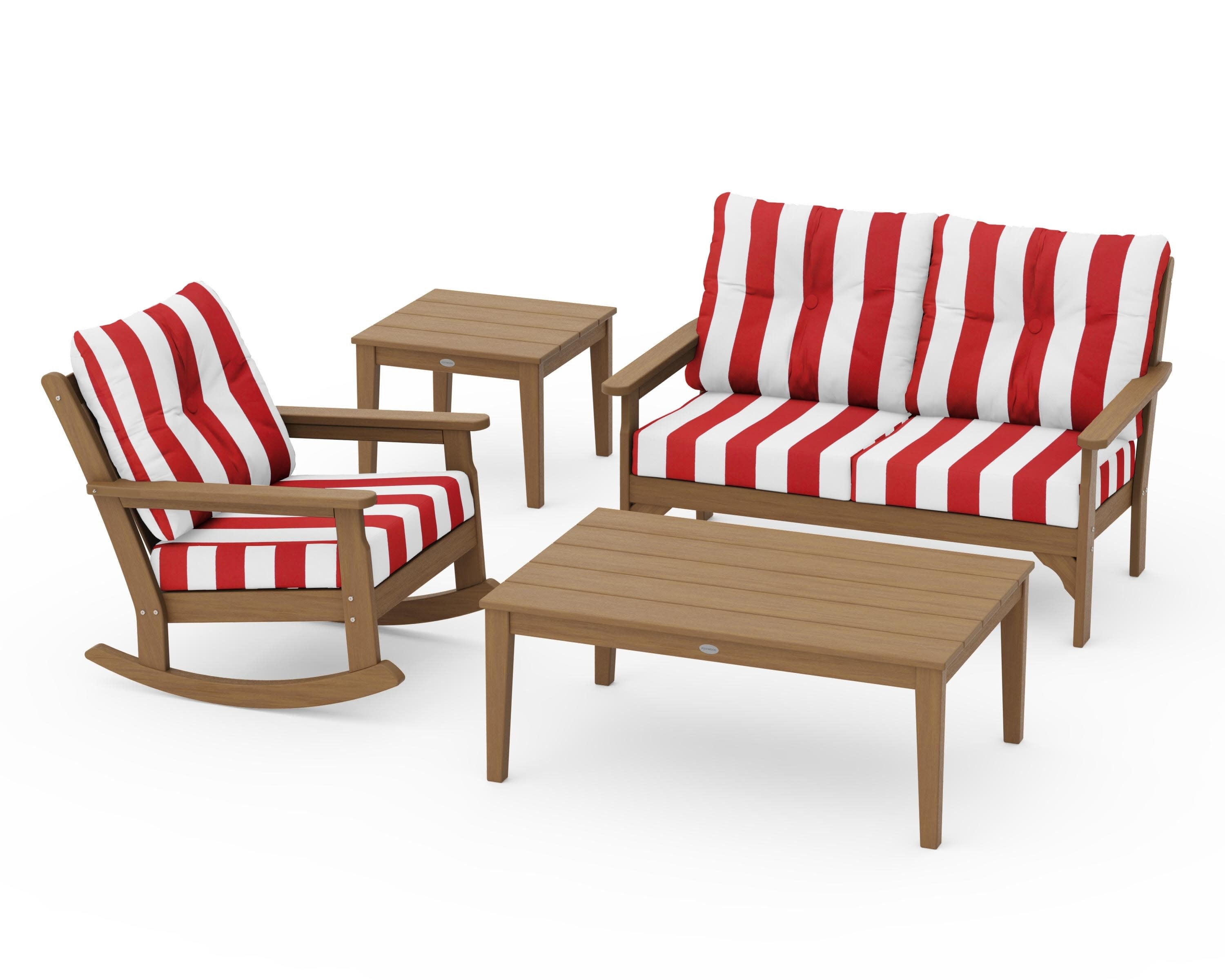 Vineyard 4-Piece Deep Seating Rocker Set in Natural / Cabana Stripe Crimson