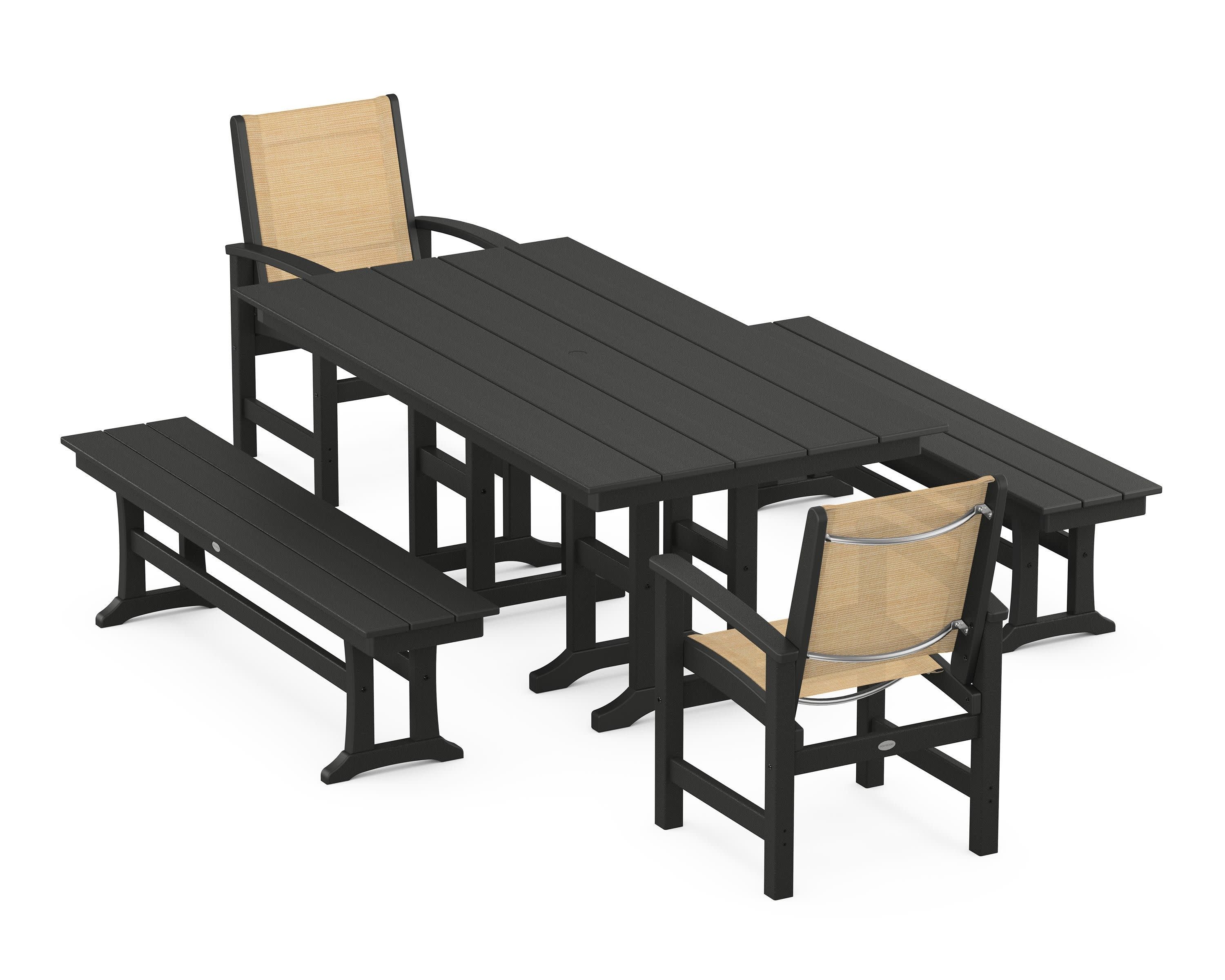 Coastal 5-Piece Farmhouse Dining Set in Black / Dupioni Apricot Sling