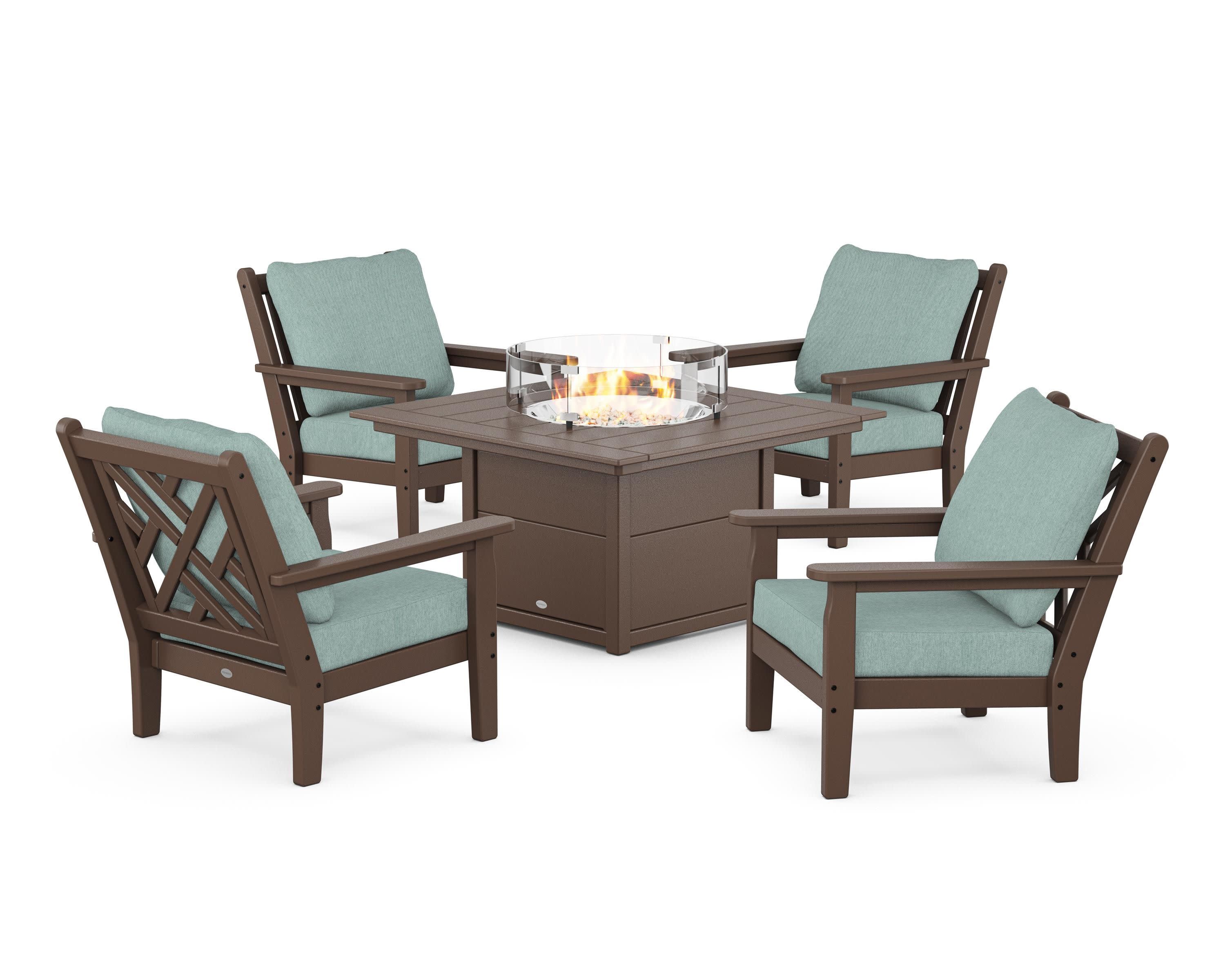 Chippendale 5-Piece Deep Seating Set with Fire Pit Table in Mahogany / Glacier Spa