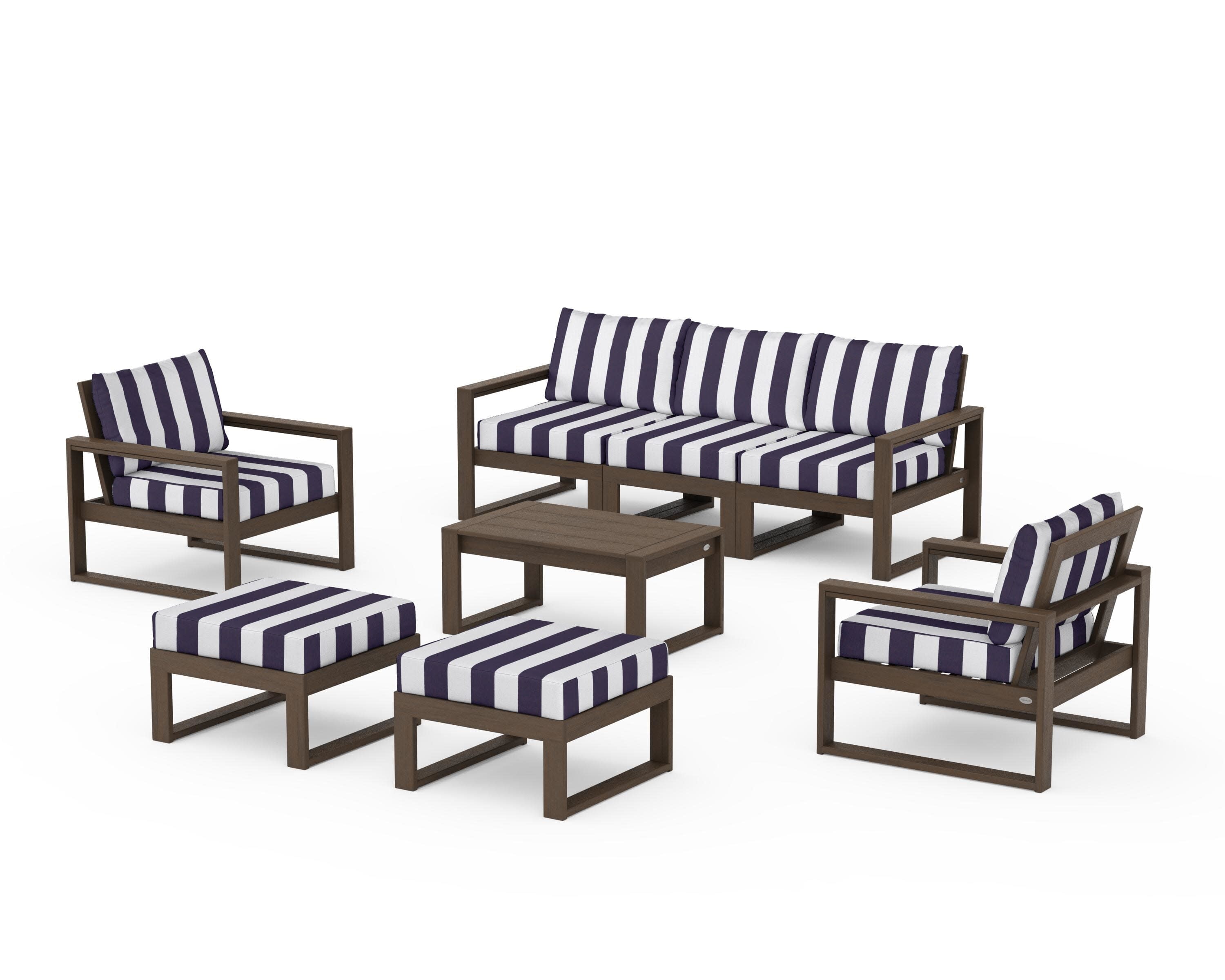 EDGE Sectional 8-Piece Lounge Sofa Set in Kona / Cabana Stripe Navy