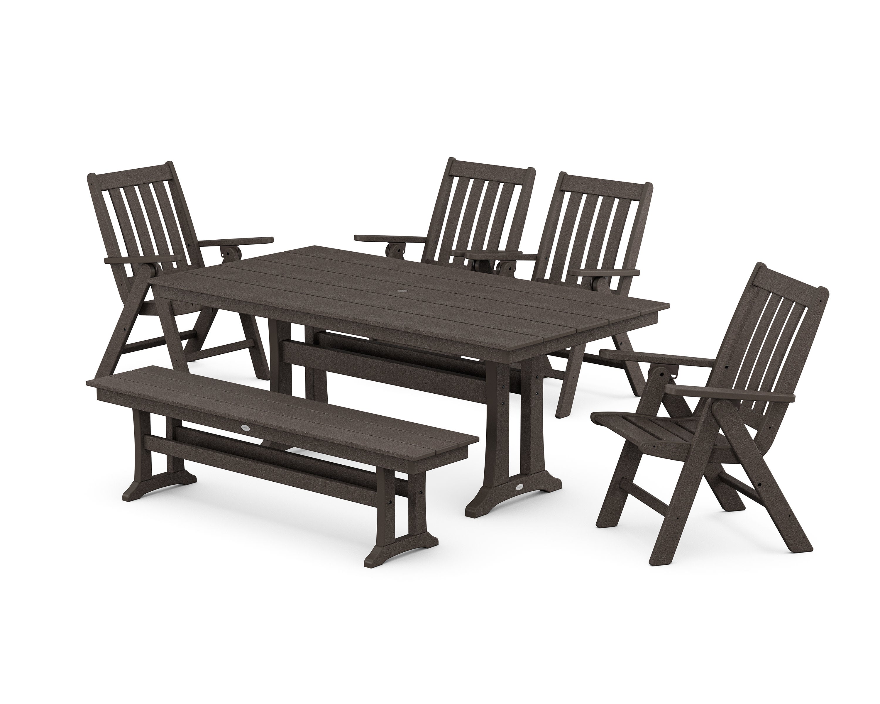 Vineyard 6-Piece Folding Chair Farmhouse Dining Set with Trestle Legs and Bench in Vintage Coffee