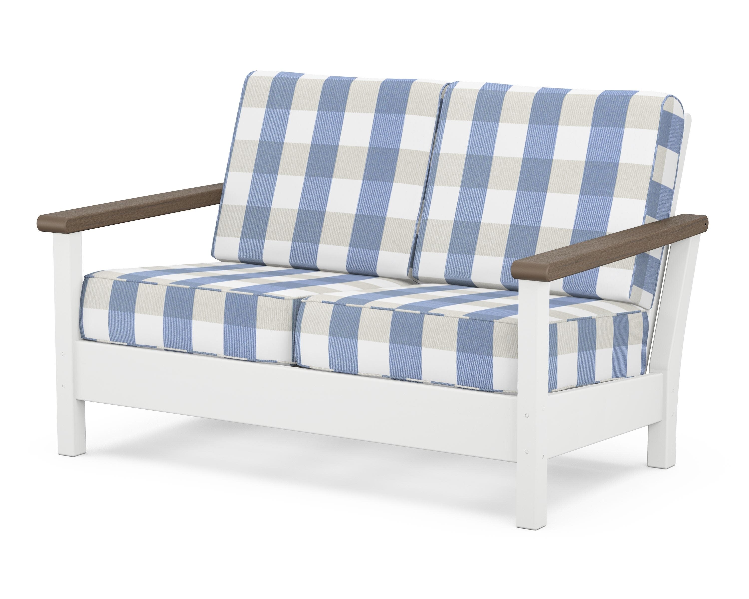 Harbour Deep Seating Loveseat in White / Kona / Buffalo Plaid Sky Blue