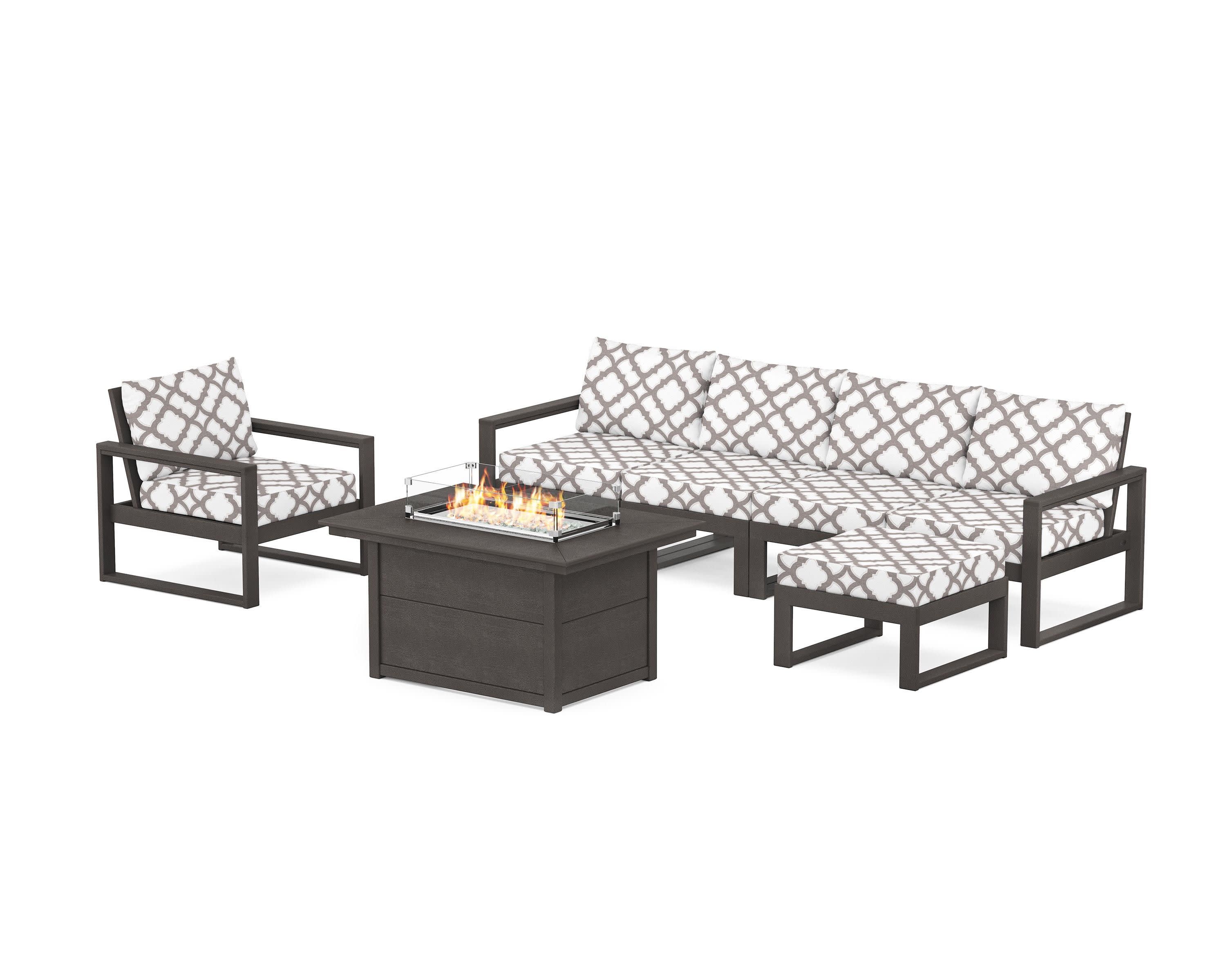 EDGE Sectional Lounge and Fire Pit Set in Vintage Coffee / Trellis Grey Mist
