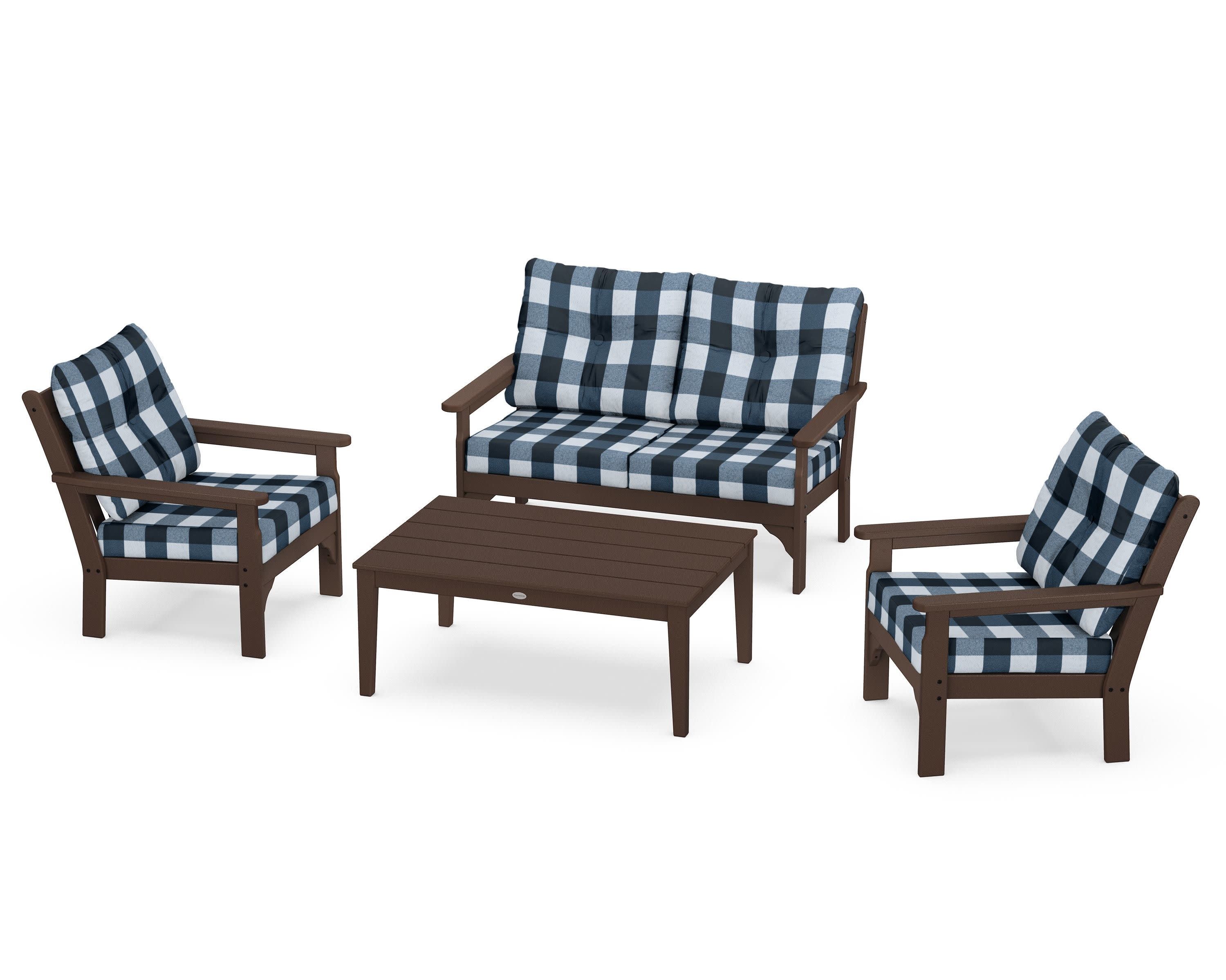 Vineyard 4-Piece Deep Seating Set in Mahogany / Buffalo Plaid Marine Indigo