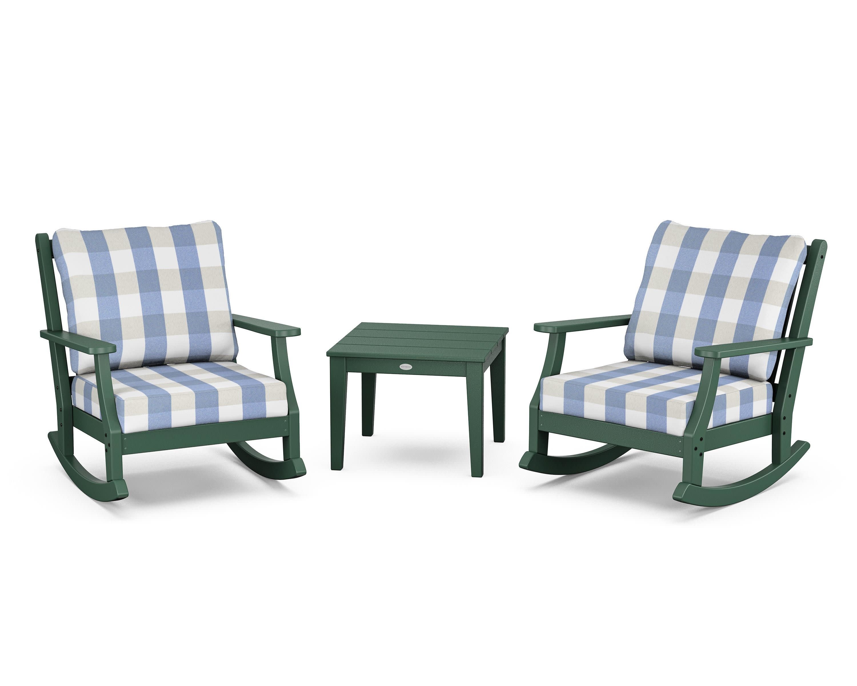 Wovendale 3-Piece Deep Seating Rocker Set in Green / Buffalo Plaid Sky Blue