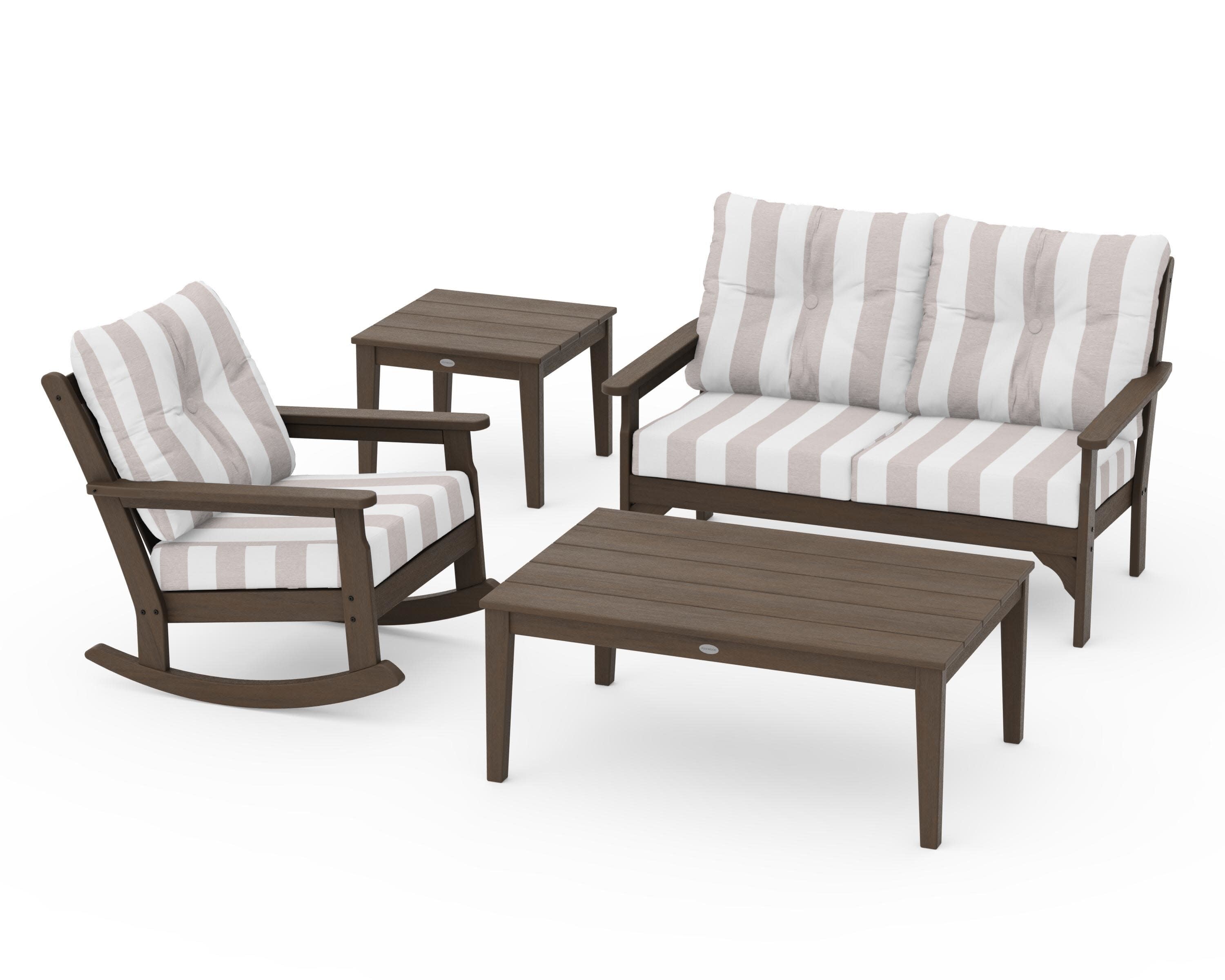 Vineyard 4-Piece Deep Seating Rocker Set in Kona / Cabana Stripe Dune Burlap