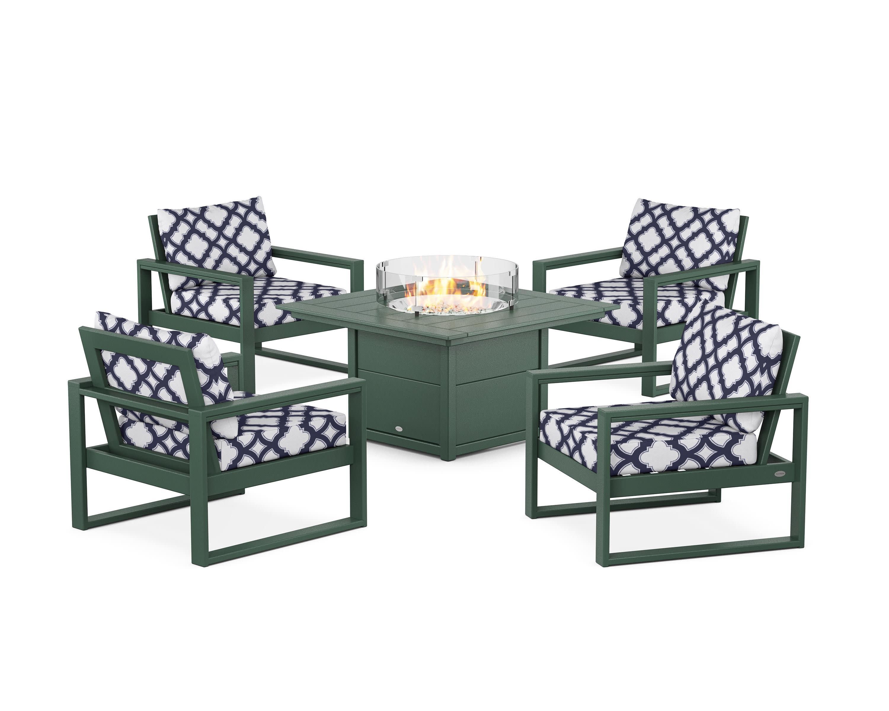 EDGE Sectional 5-Piece Deep Seating Set with Fire Pit Table in Green / Trellis Navy