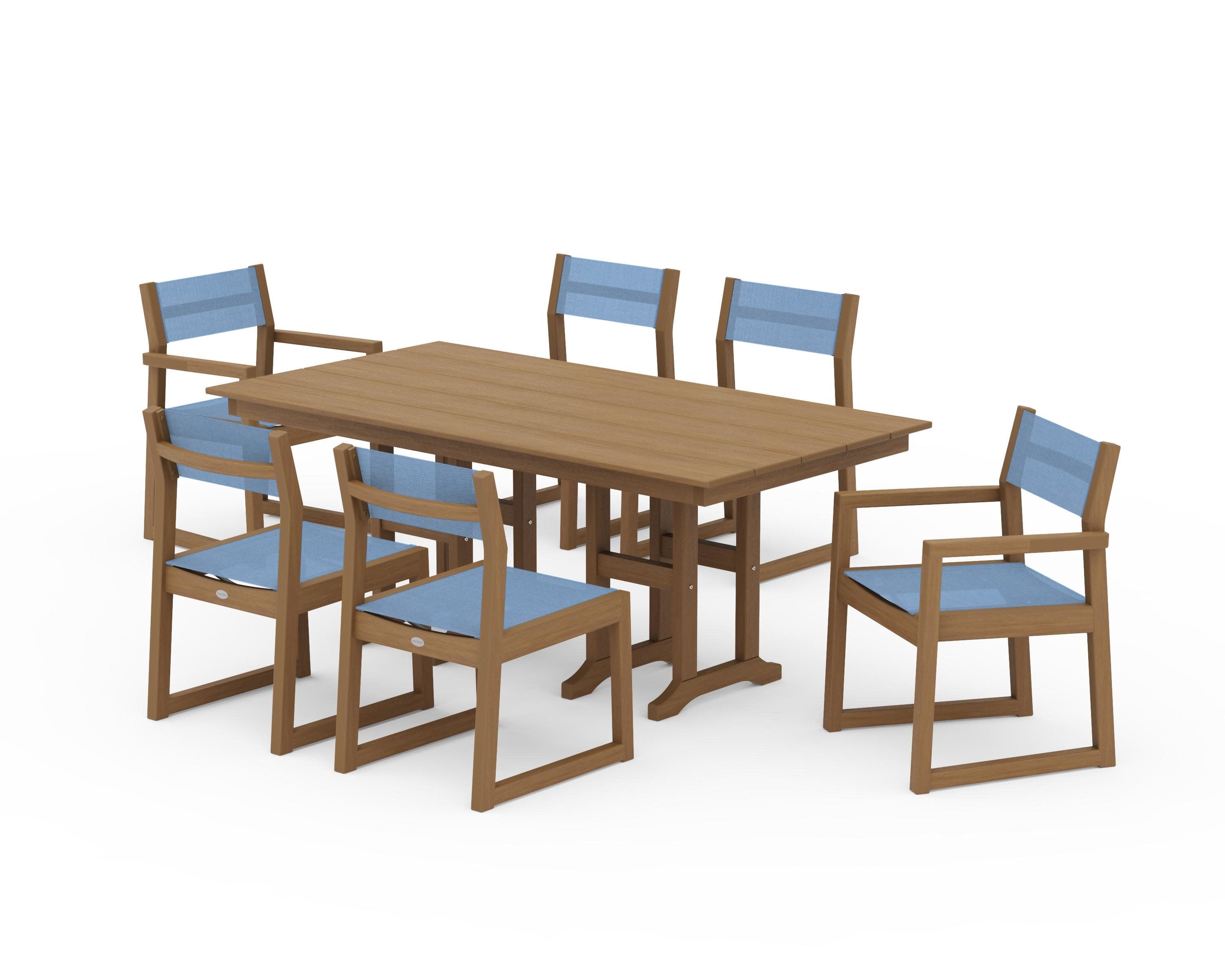 EDGE Sling 7-Piece Farmhouse Dining Set in Natural / Poolside Sling