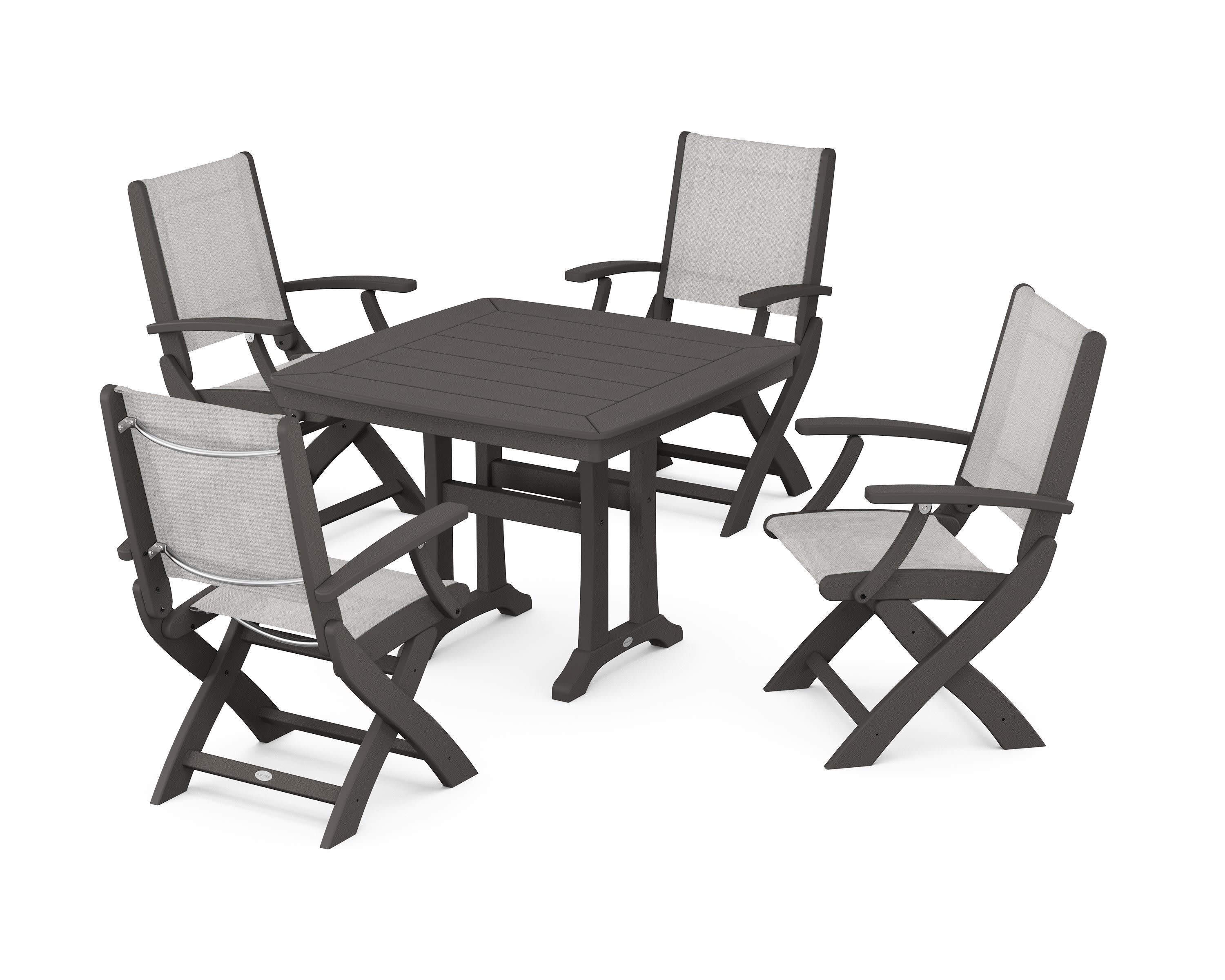 Coastal Folding Chair 5-Piece Dining Set with Trestle Legs in Vintage Coffee / Parchment Sling