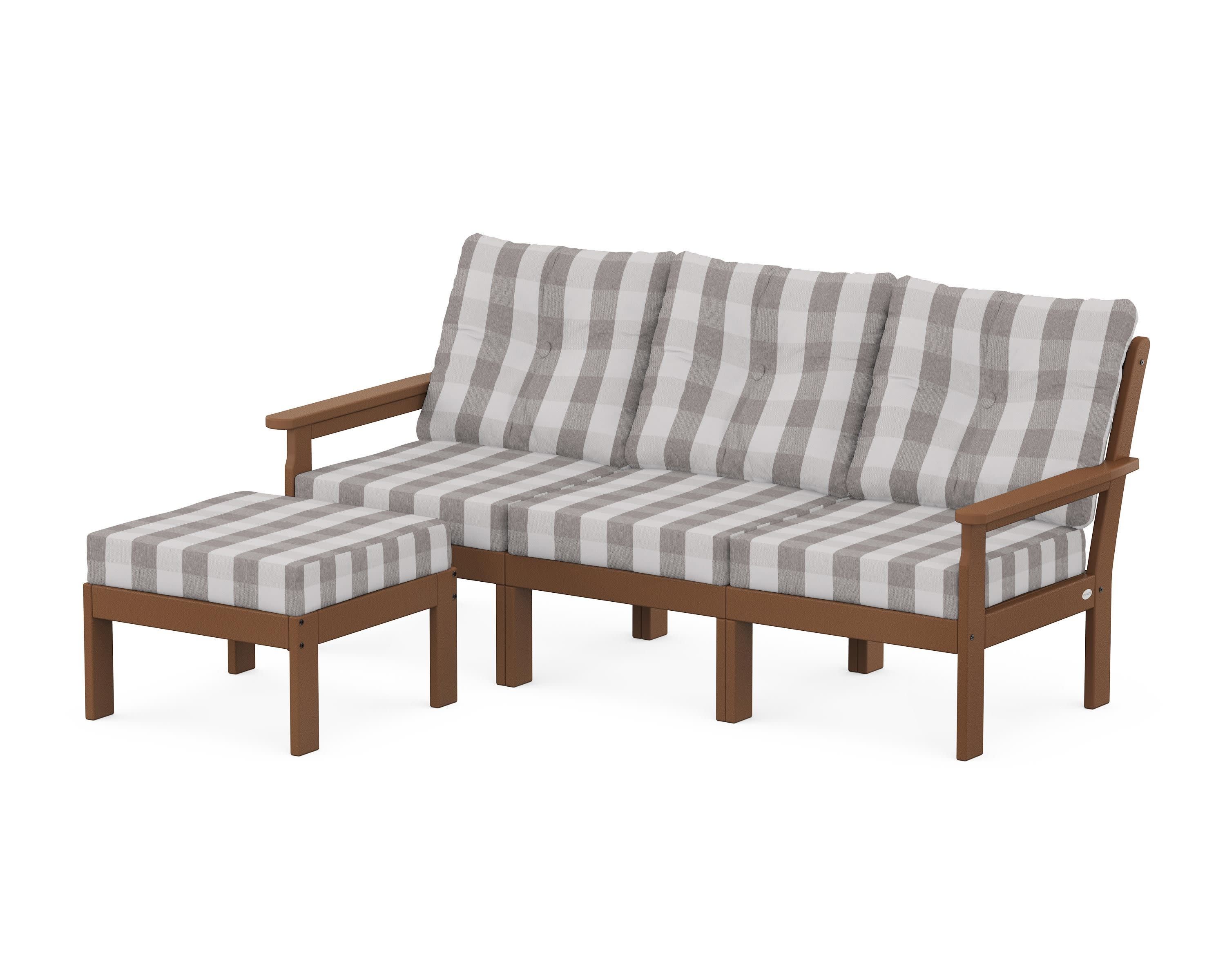 Vineyard 4-Piece Sectional with Ottoman in Teak / Buffalo Plaid Grey Mist