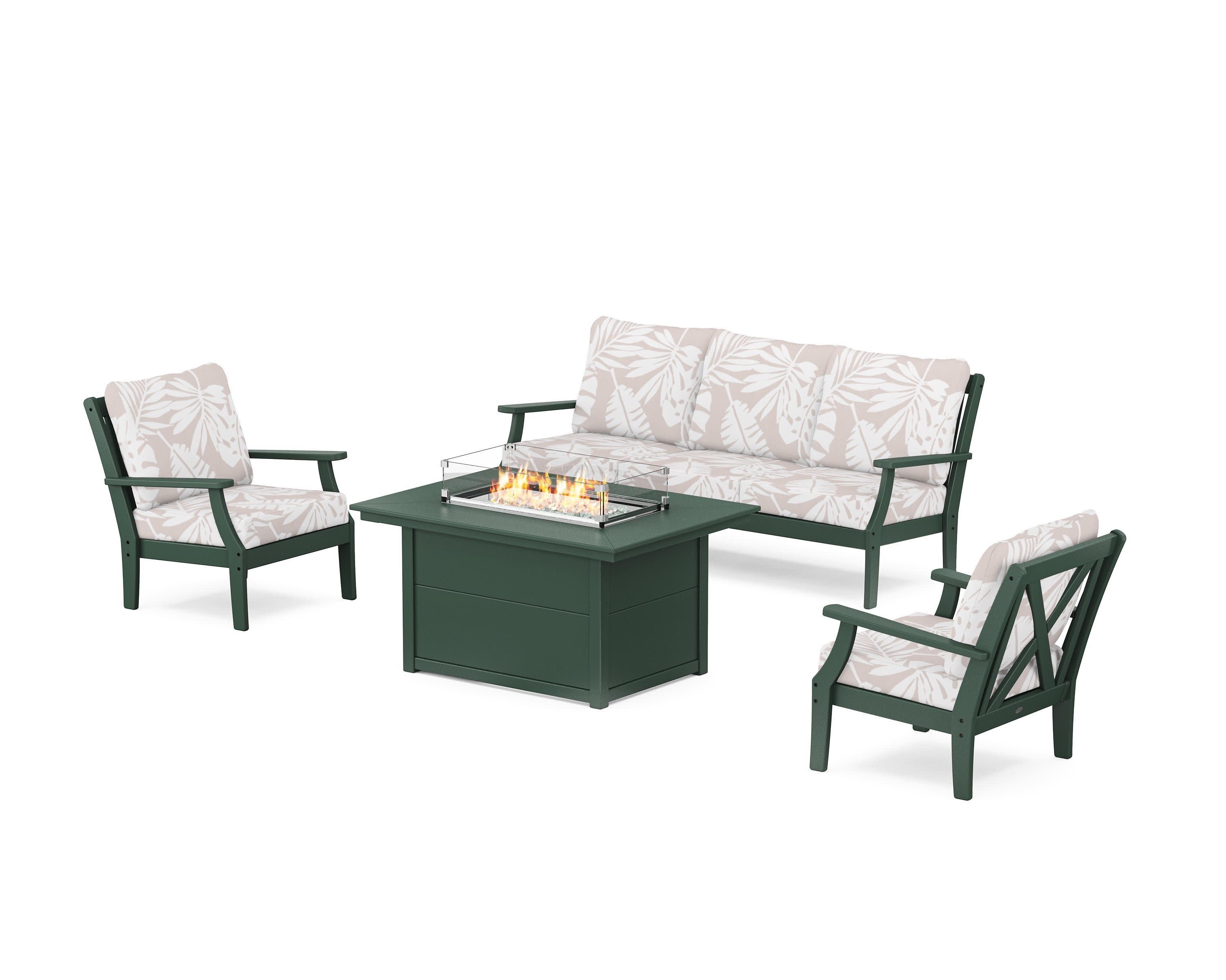 Braxton Deep Seating Fire Pit Table Set in Green / Leaf Dune Burlap